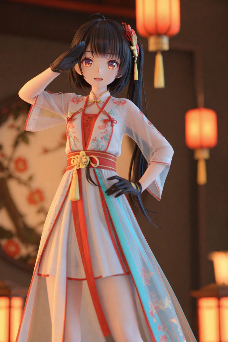 (masterpiece),(best quality),illustration,ultra detailed,hdr,Depth of field,(colorful),(chromatic aberration),mmd Style, Ling Yuan (Virtual Singer), 1girl, solo, long hair, red eyes, gloves, black hair, open mouth, side ponytail, looking at viewer, hand on own hip, lantern, salute, chinese clothes, smile, hair ornament, black gloves, see-through