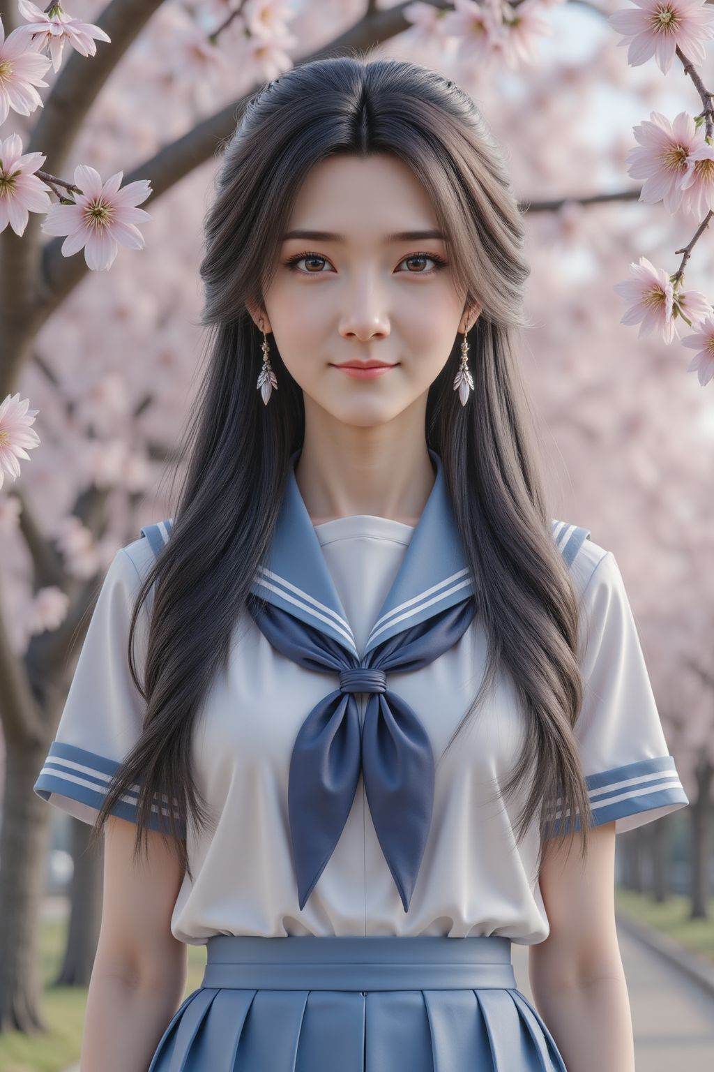 HDR photo of cinematic film still, young girl,school uniform,blue skirt,solo,smirk,long hair,looking at viewer,peach tree,peach blossom,petals,closed mouth, <lora:20251026_TinFlux1_5_Epoch10:1>