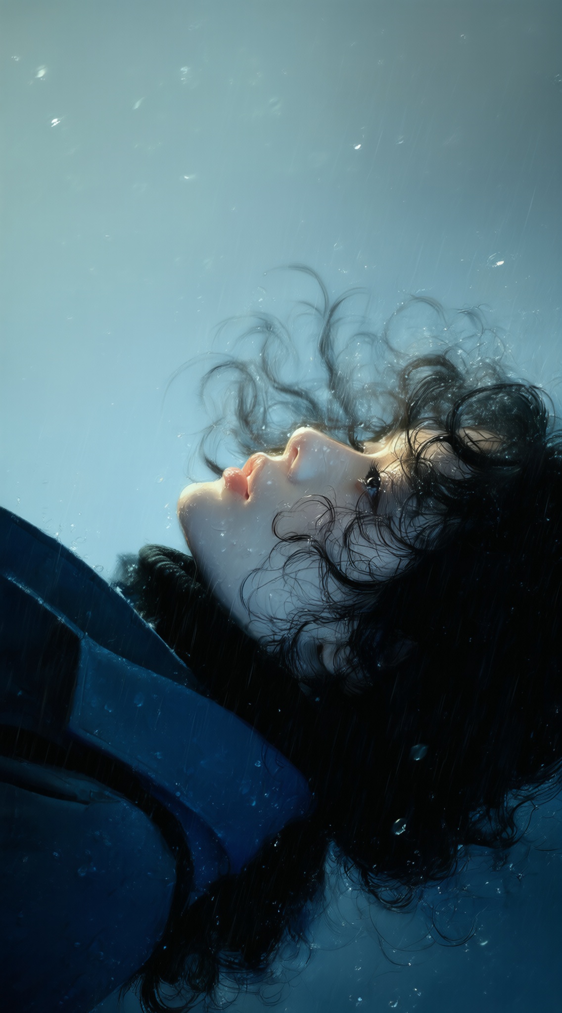 a digital illustration shoot from a profile camera angle about a portrait of a young woman with curly black hair,standing in the rain,looking up with a serene expression,the image also shows water droplets on her face and hair,creating a moody atmosphere,on the middle of the image,a 1woman,who appears to be in her early twenties,with short,curly dark hair and a slim body,wearing a dark blue coat,she is facing the viewer,with her eyes closed,and her expression is serene,her lips are parted,and she is wearing a black coat,the background is a gradient of light blue to dark blue,with raindrops visible on the glass,the overall mood is moody and melancholic,with a focus on the womans expression and wet hair,, Negative prompt: ng_deepnegative_v1_75t,(badhandv4:1.2),EasyNegative,(worst quality:2),,nsfw, Steps: 30, Sampler: Euler, CFG scale: 4.0, Seed: 2278903741, Size: 1142x2048, Model hash: 9768b098f7, Model: ZOZ_千问大模型~超强泛化改良版_v1.0.safetensors, Denoising strength: 0, RNG: CPU, Lora 1: ZOZ, Lora Hash 1: aadbc953ae, Lora Weight 1: 0.8, vae_name: automatic