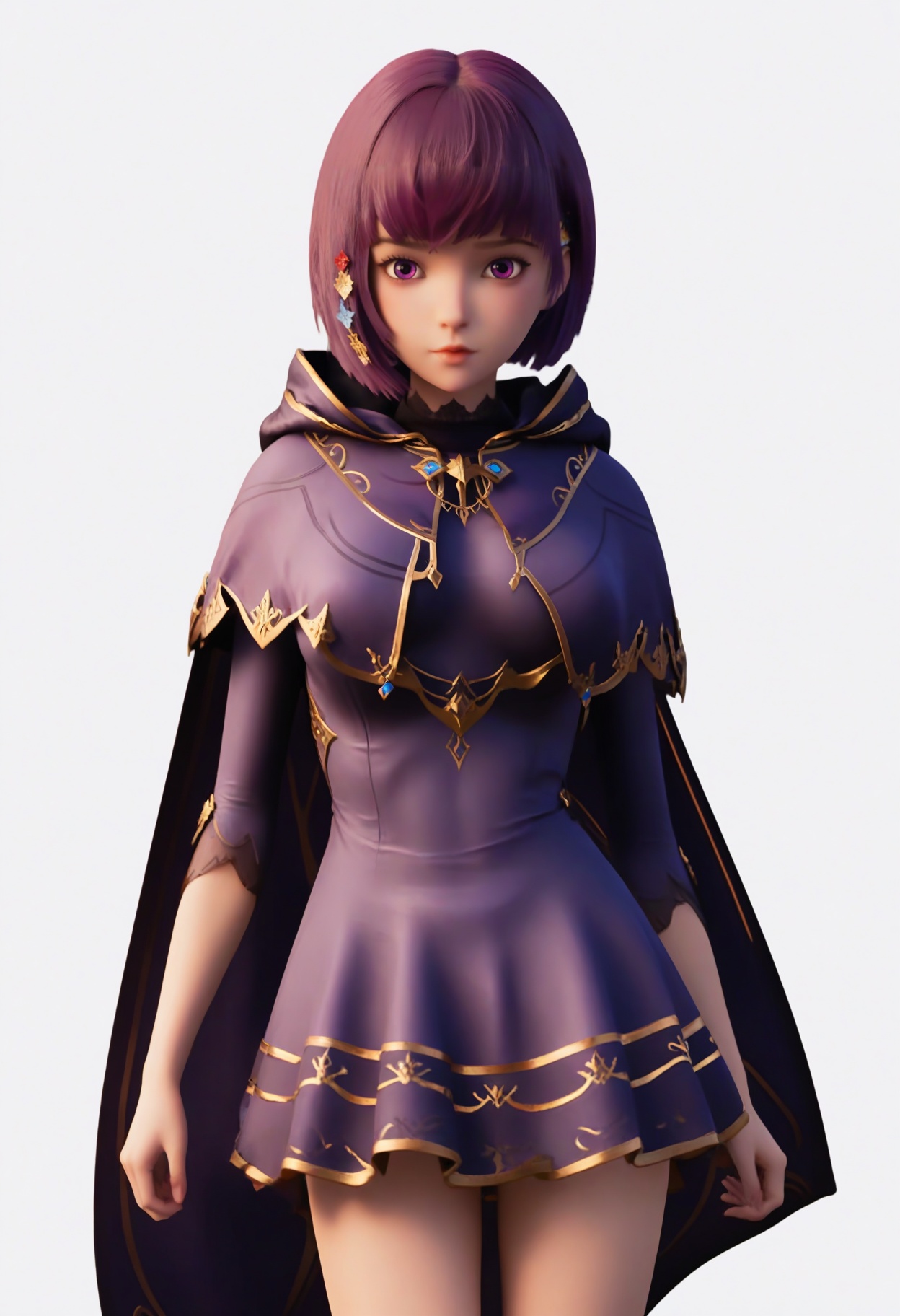 score_9,<lora:SF_ShengCaiErYouNian_Pony_Realism2.3-000003:0.7>,1girl,solo,hair ornament,short hair,medium breasts, bangs,dress,cape,standing,looking at viewer,white background,simple background,