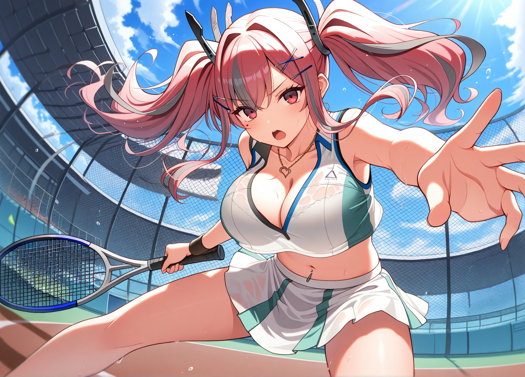 <lora:bremerton_IL_v1.0:1>,bremerton (scorching-hot training) (azur lane),holding tennis racket,dynamic pose,looking at viewer,open mouth,heart necklace,fisheye,, masterpiece,best quality,