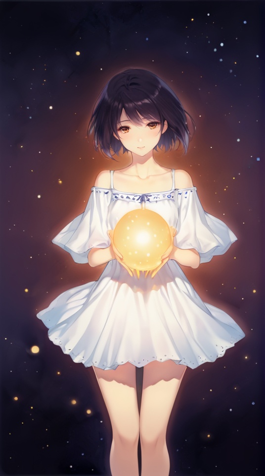 (best quality), ((masterpiece)), (highres), illustration, original, extremely detailed,   <lora:黑暗物语葬の花:0.7>1girl, solo, dress, short hair, white dress, collarbone, brown eyes, black hair, glowing, standing, cupping hands
