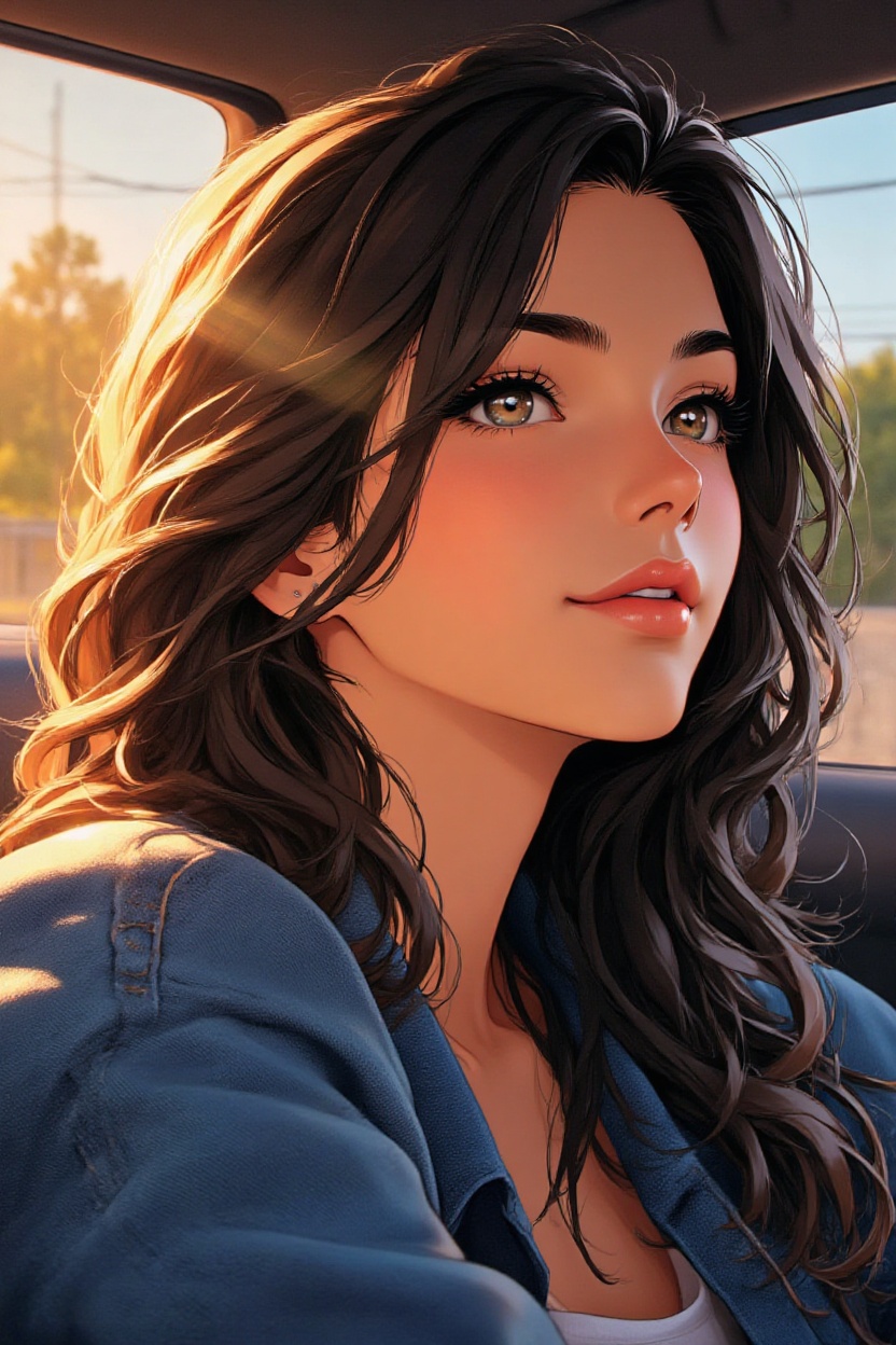{ "prompt": "Anime-style portrait of a girl with wavy dark hair sitting in a car during golden hour,  wearing a denim jack...