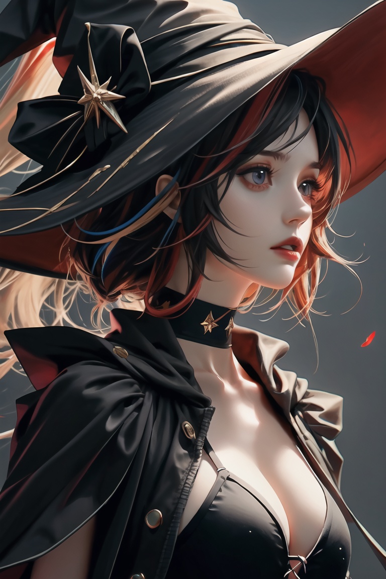 (masterpiece),best quality,portrait,upper_body,three-quarter view,1girl,breasts,black choker,upper body,large breasts,multicolored hair,cleavage,swimsuit,witch hat,dress,