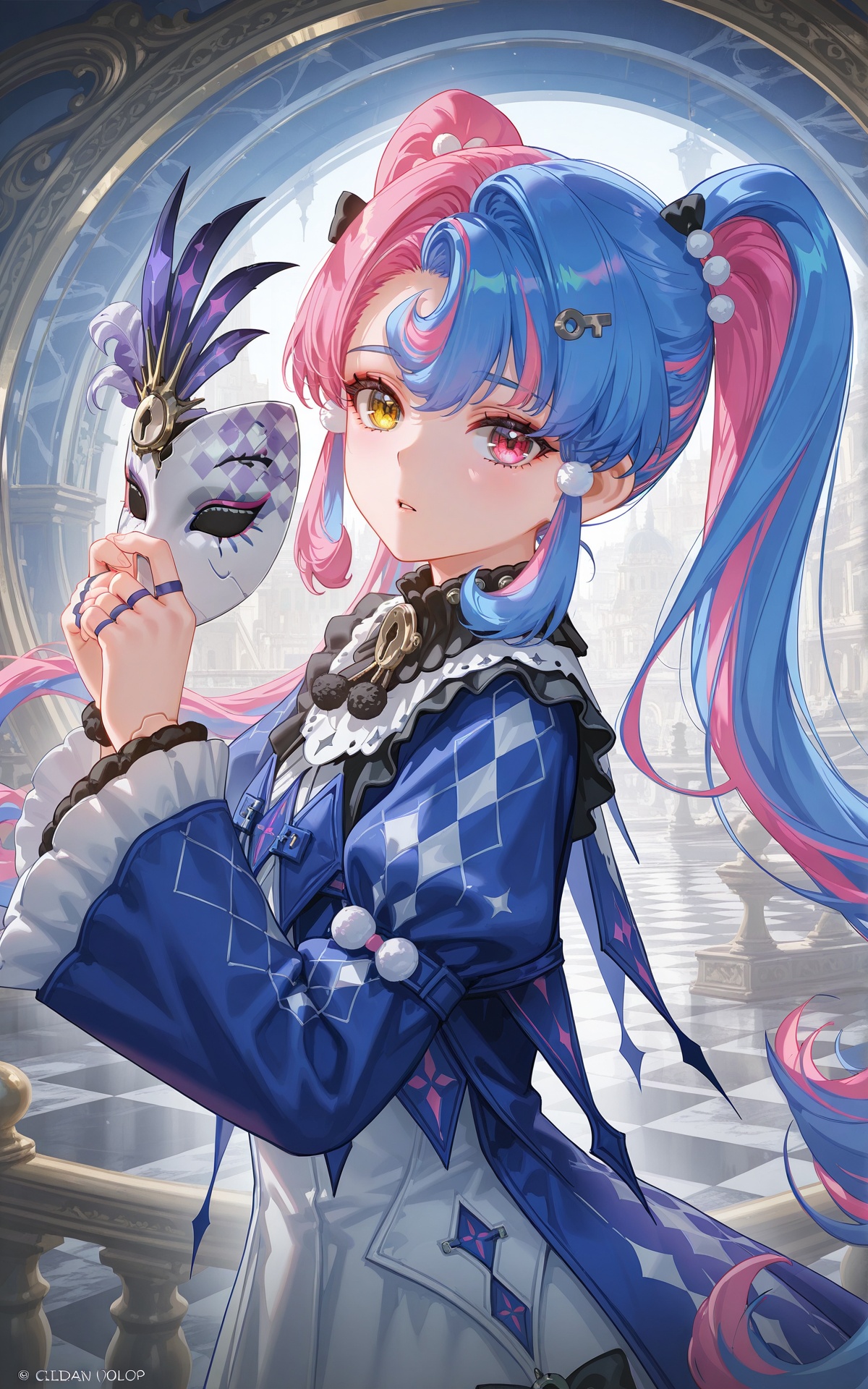 8k,best quality,masterpiece,(ultra-detailed),(high detailed skin),((artist:reoen),(artist:fuzichoco),(artist:atdan),(artist:torino_aqua),year 2024:0.8),[artist:wlop],[artist:ningen_mame],artist:ciloranko,[[artist:rhasta]],artist:tidsean,colorful,<lora:xl-ill-roccia_(wuthering_waves)_v1-000010:0.8>,roccia\(wuthering waves\),1girl,heterochromia,blue hair,solo,yellow eyes,multicolored hair,pink hair,looking at viewer,twintails,mask,long hair,holding mask,hair ornament,bow,holding,black bow,parted lips,pink eyes,dress,upper body,streaked hair,hair bow,red eyes,frills,doll joints,