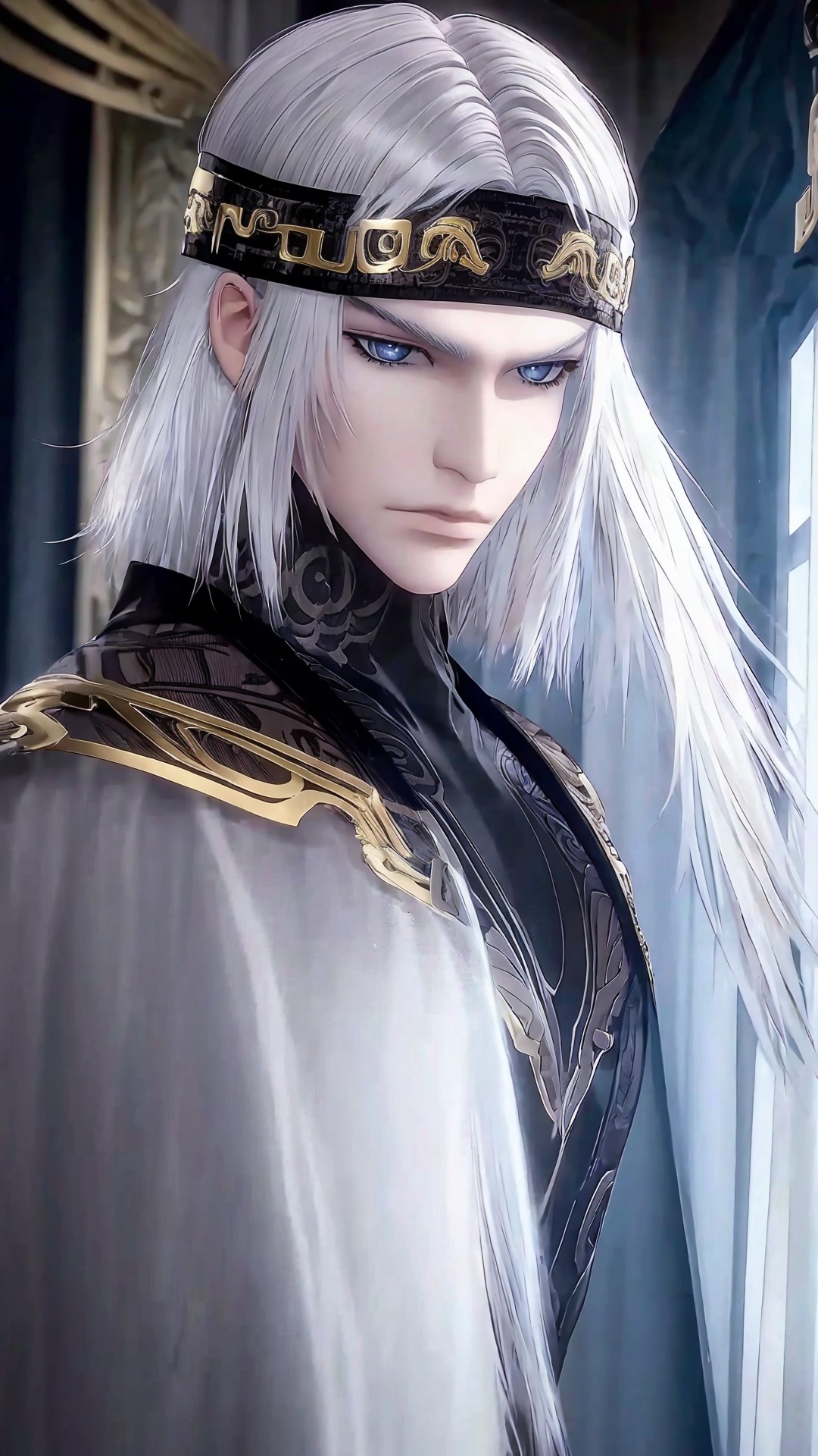 1boy,male focus,solo,headband,white hair,armor,long hair,looking at viewer,curtains,grey eyes,<lora:Weizhuang man Boy Handsome boy_20240829170049:0.8>,full_shot,incredibly absurdres,wallpaper,moody lighting,<lora:MN:0.4>,