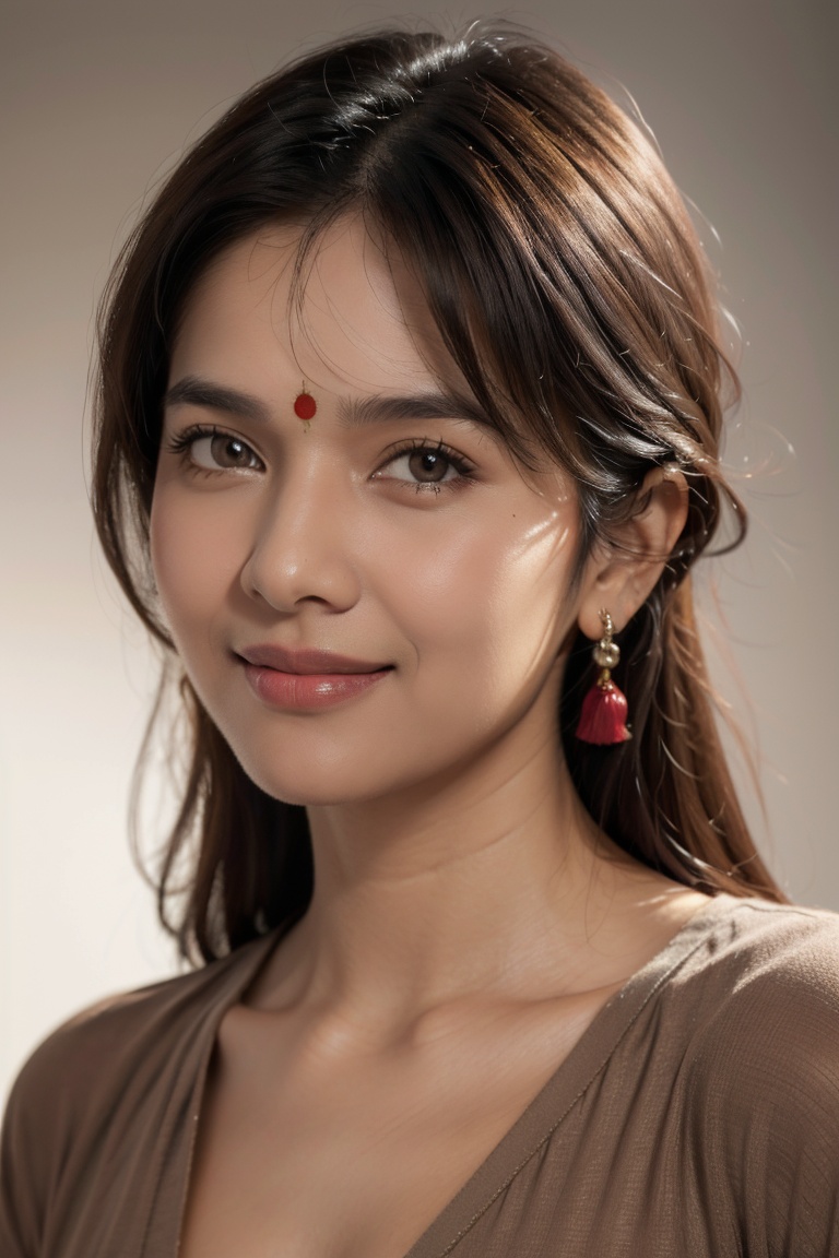 close up portrait of a woman of (indian:1.5) descent,happy and smile expression,looking at camera,slight stubble,clean skin,brown eyes,wearing dark shirt,soft lighting,gray background,shallow depth of field,high-resolution image,studio shot,headshot,photographic realism.,, masterpiece,best quality,