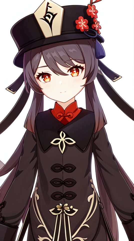 masterpiece,best quality,white background,1girl,solo,hu tao (genshin impact),twintails,<lora:hutao-000010:0.8>,long sleeves,hat,upper body, 