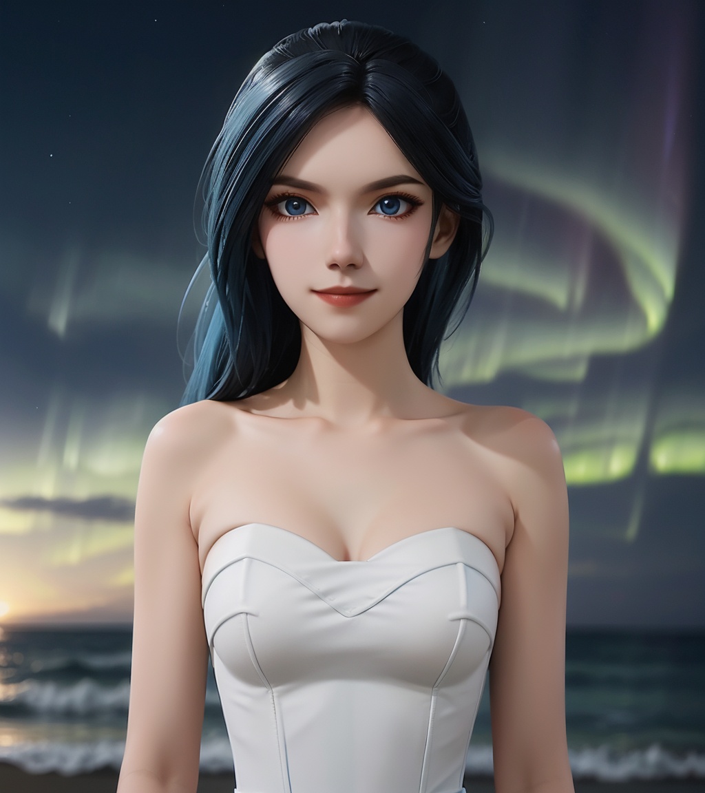 <lora:zhouyi-000010:0.75>,zhouyi,(upper body),(looking at viewer:1.3),1girl,solo,blue_eyes,light_smile,(white_wavy_long_hair:1.3),(light_blue_ strapless_dress:1.3),soft focus,night,star \(sky\),aurora,cloud,ocean,sea,beach,depth of field,