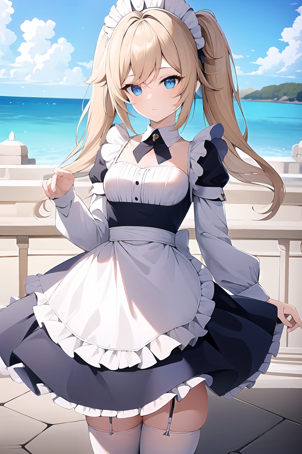 (masterpiece, best quality:1.2),insanely detailed,absurdres,ultra-highres,ultra-detailed,best quality,slender,kawaii,perfect symmetrical face,ultra cute girl,ultra cute face,ultra detailed eyes,ultra cute,ultra beautifu,<lora:barbara-000001:0.5>,barbara \(genshin impact\),1girl,solo,blue eyes,twintailshat,twin drills,maid,white thighhighs,outdoors,standing,