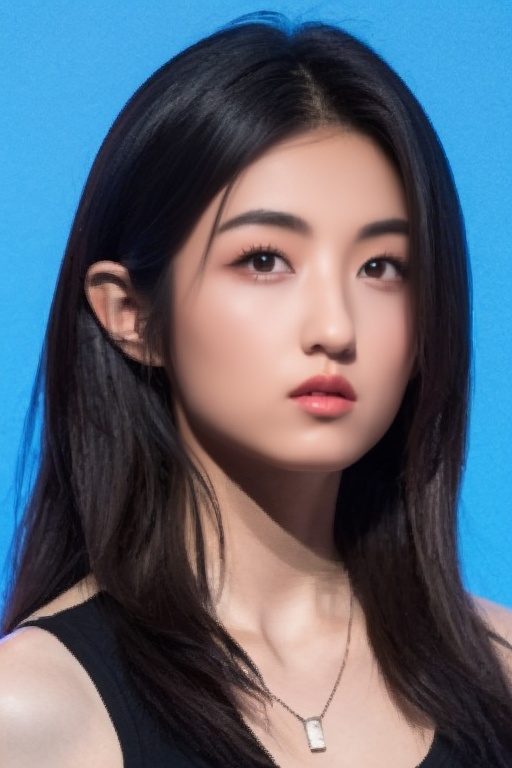 (masterpiece, top quality),best quality,fair skin,(extremely detailed face),((looking at viewer)),1girl,bare shoulders,black hair,black shirt,blue background,(full_shot),closed mouth,jacket,jewelry,lips,long hair,looking at viewer,necklace,parted lips,realistic,shirt,solo,no watermark,,<lora:zzf:1>