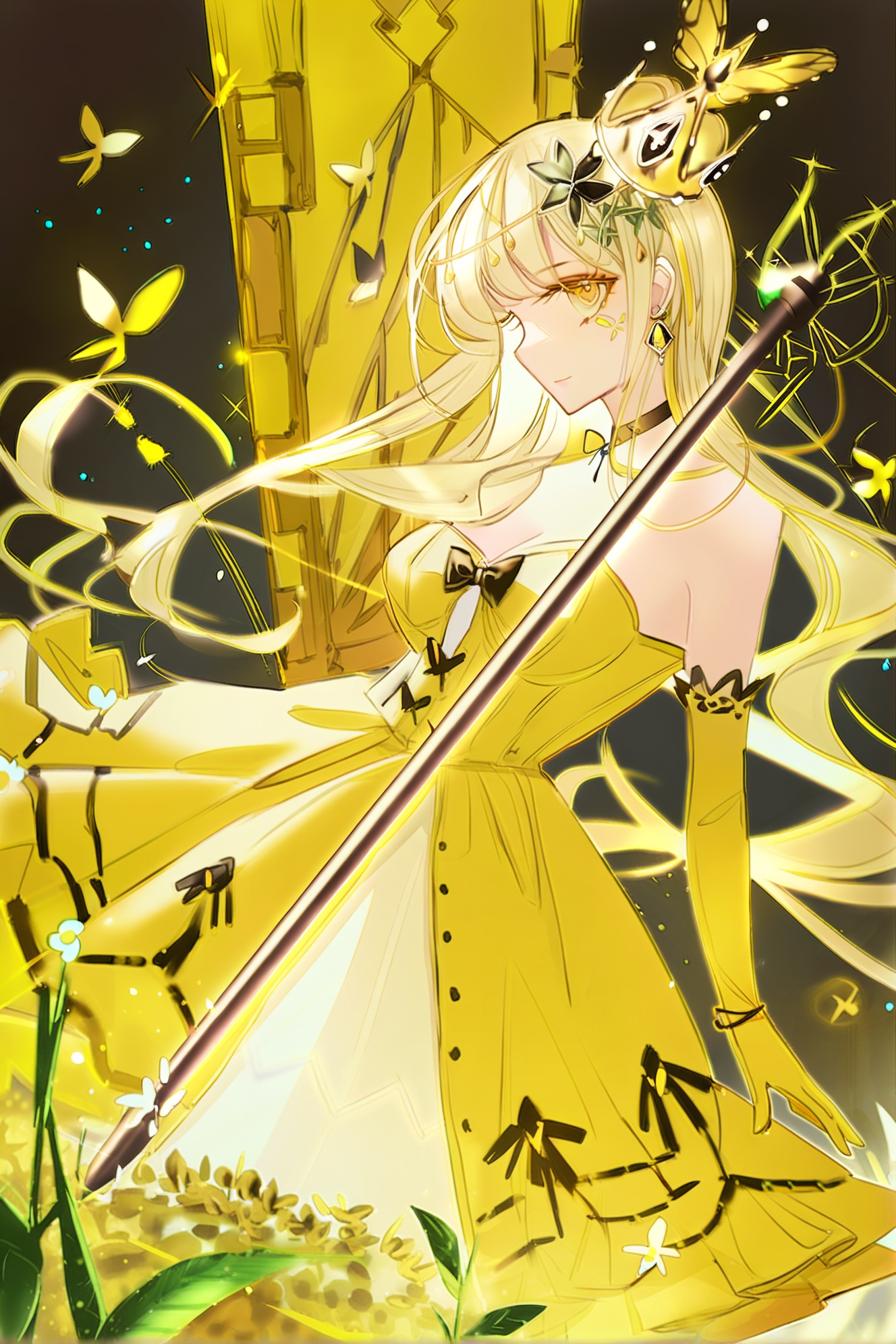 1girl,gloves,solo,yellow eyes,dress,long hair,breasts,elbow gloves,crown,yellow theme,bug,yellow dress,holding,looking at viewer,flower,jewelry,earrings,facial mark,cleavage,staff,hair ornament,blonde hair,butterfly,holding staff,bare shoulders,very long hair,bee,choker,bow,