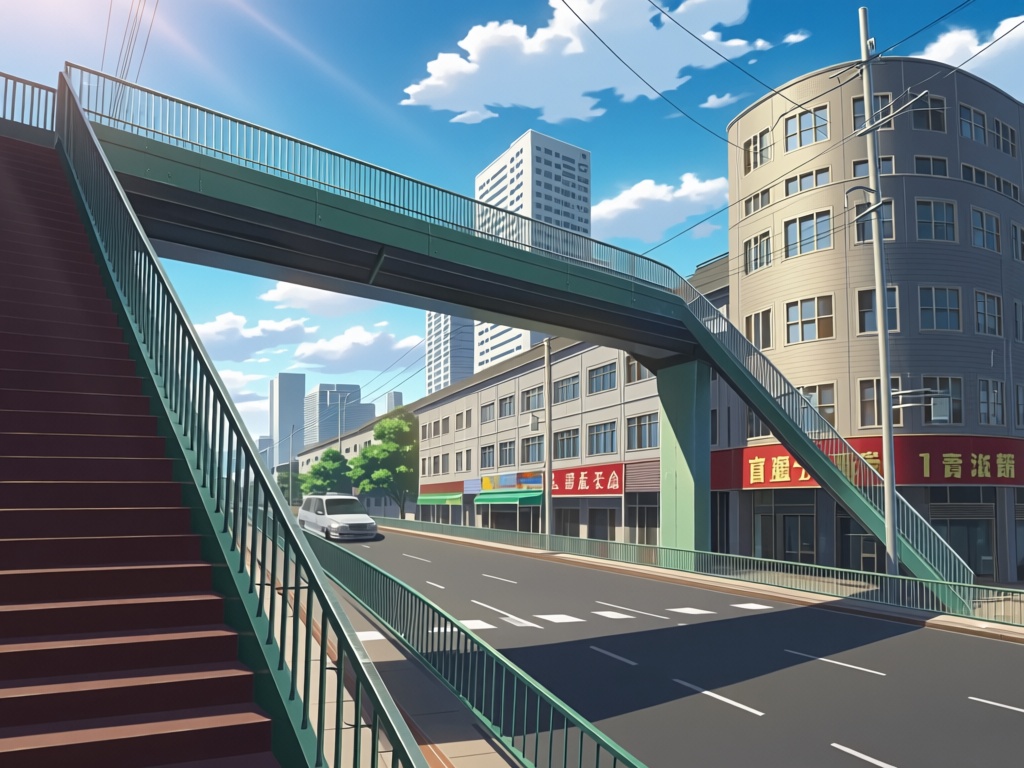 Framed in 16:9 widescreen format,  this detailed anime city street scene is composed from the towering,  steep staircase o...