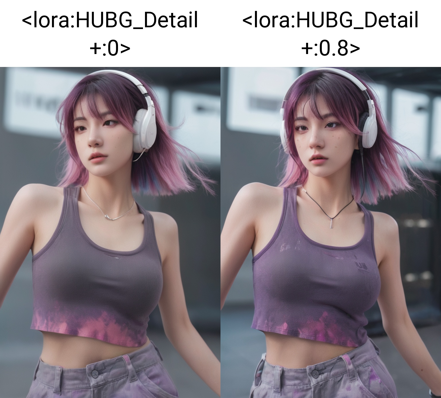 a award winning half body portrait of a beautiful girl in a croptop and cargo pants with ombre purple pink teal hairstyle...