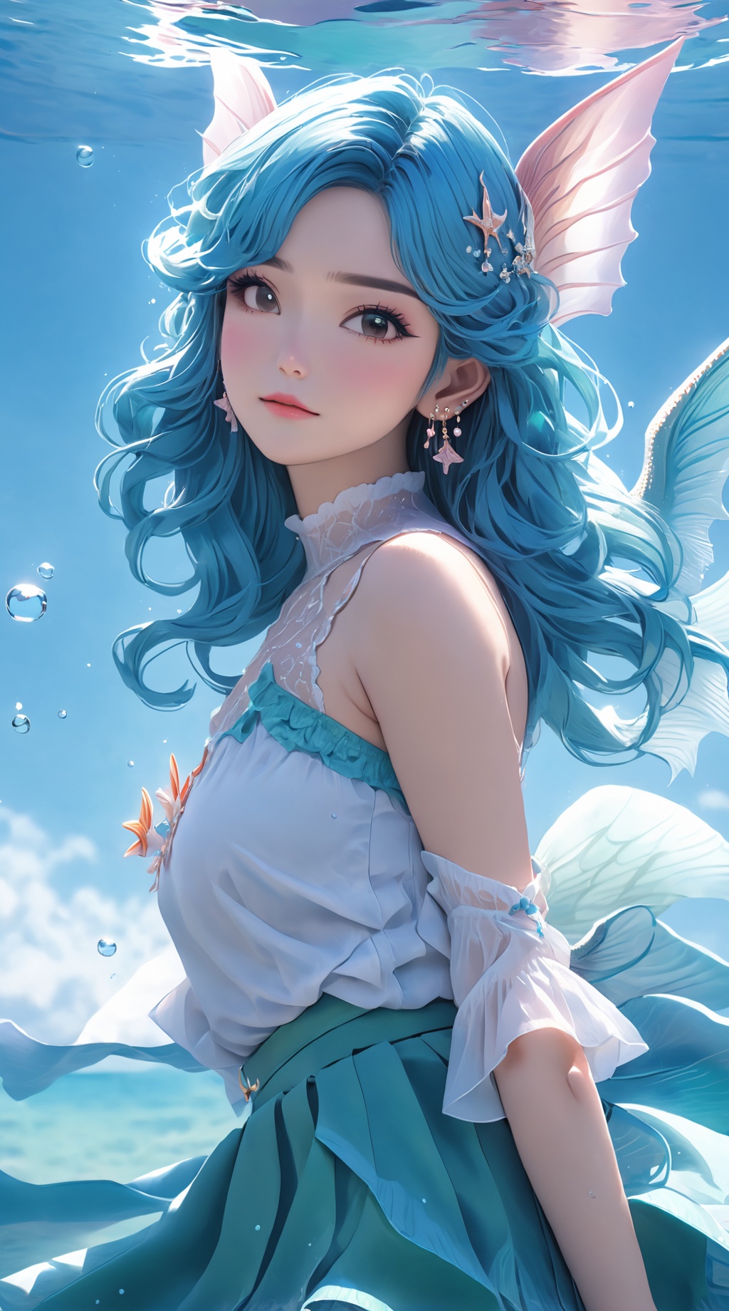 (1girl),smooth chin,masterpiece,detailed face,((hair ornament)),top quality,4k,make up,best quality,alone,single,solo,only one,one character,blush,(body blush),(detached sleeves),earrings,(blue hair),under water,(head fins),long hair,(from below),ocean,(puffy hair:1.13),head wings,frilled skirt,frilled clothes,model,looking at viewer,Cute Women,frilled shirt,bubble skirt,green skirt,full body,(detached shirt),bandeau,blue skirt,(Prayer with both hands),Masterpiece, the best quality,(The best hand)