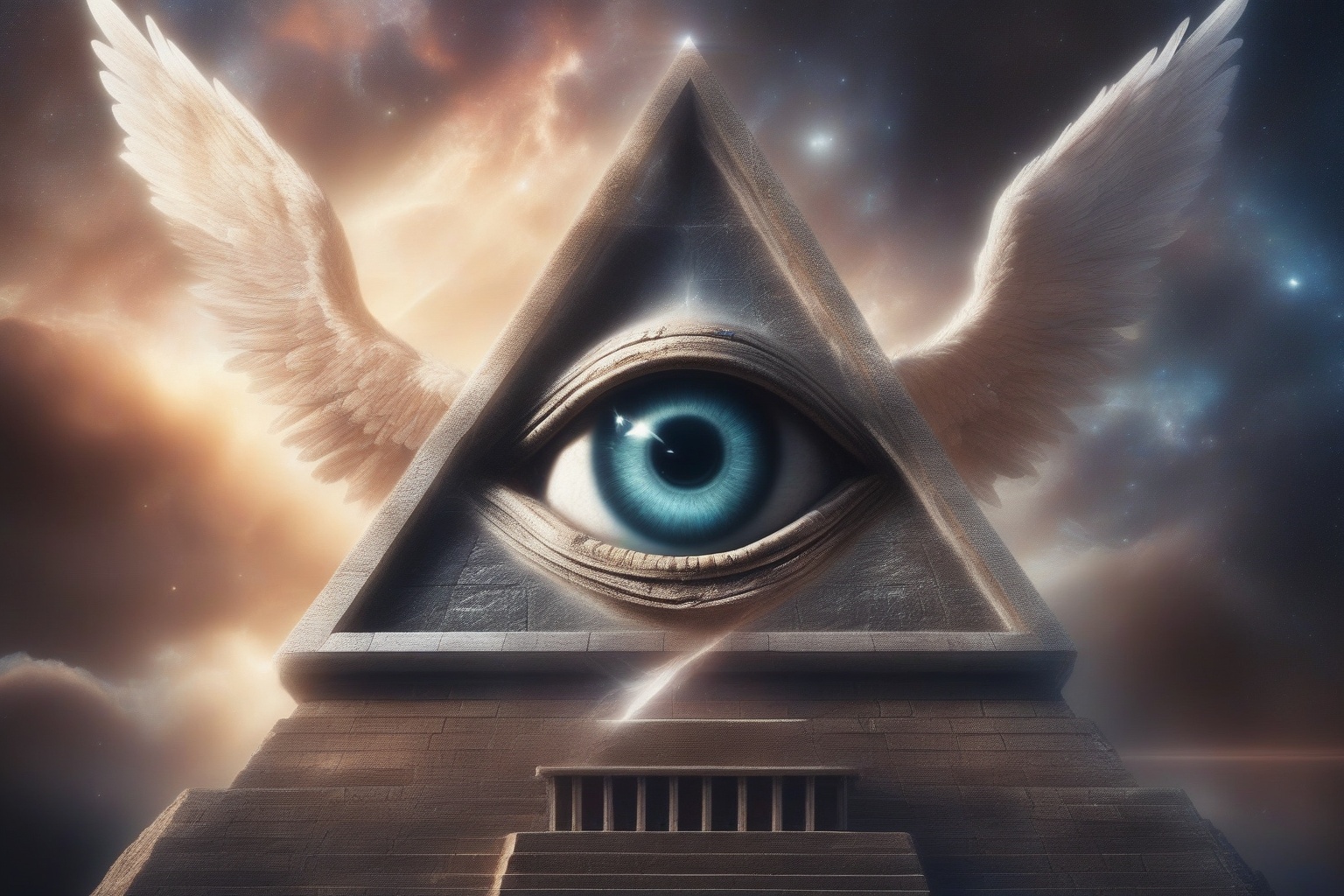 a hyper realistic picture of a illuminati eye in a pyramid form with angel wings,  flying in the sky,  space backdrop on T...