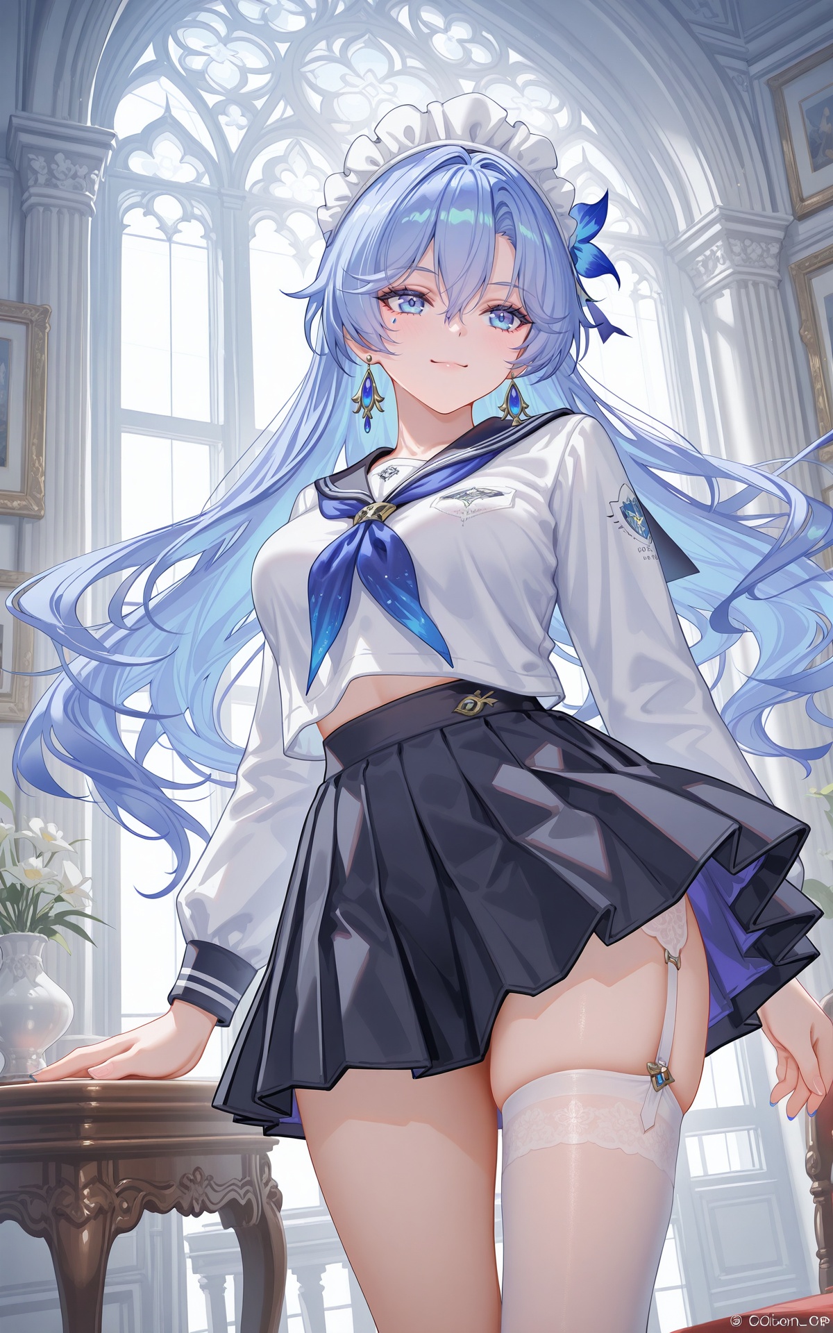 8k,best quality,masterpiece,(ultra-detailed),(high detailed skin),((artist:reoen),(artist:fuzichoco),(artist:atdan),(artist:torino_aqua),year 2024:0.8),[artist:wlop],[artist:ningen_mame],artist:ciloranko,[[artist:rhasta]],artist:tidsean,colorful,<lora:xl-ill-cantarella(wuthering waves)-v1-000010:0.7>,cantarella\(wuthering waves\),1girl,solo,blue eyes,long hair,jewelry,earrings,closed mouth,blue hair,smile,hair between eyes,maid headdress,JK,JK uniform,White silk stockings,skirt,shirt,hair_ornament,long_sleeves,ribbon,shirt,thighs,pleated_skirt,earrings,serafuku,miniskirt,black_skirt,neckerchief,