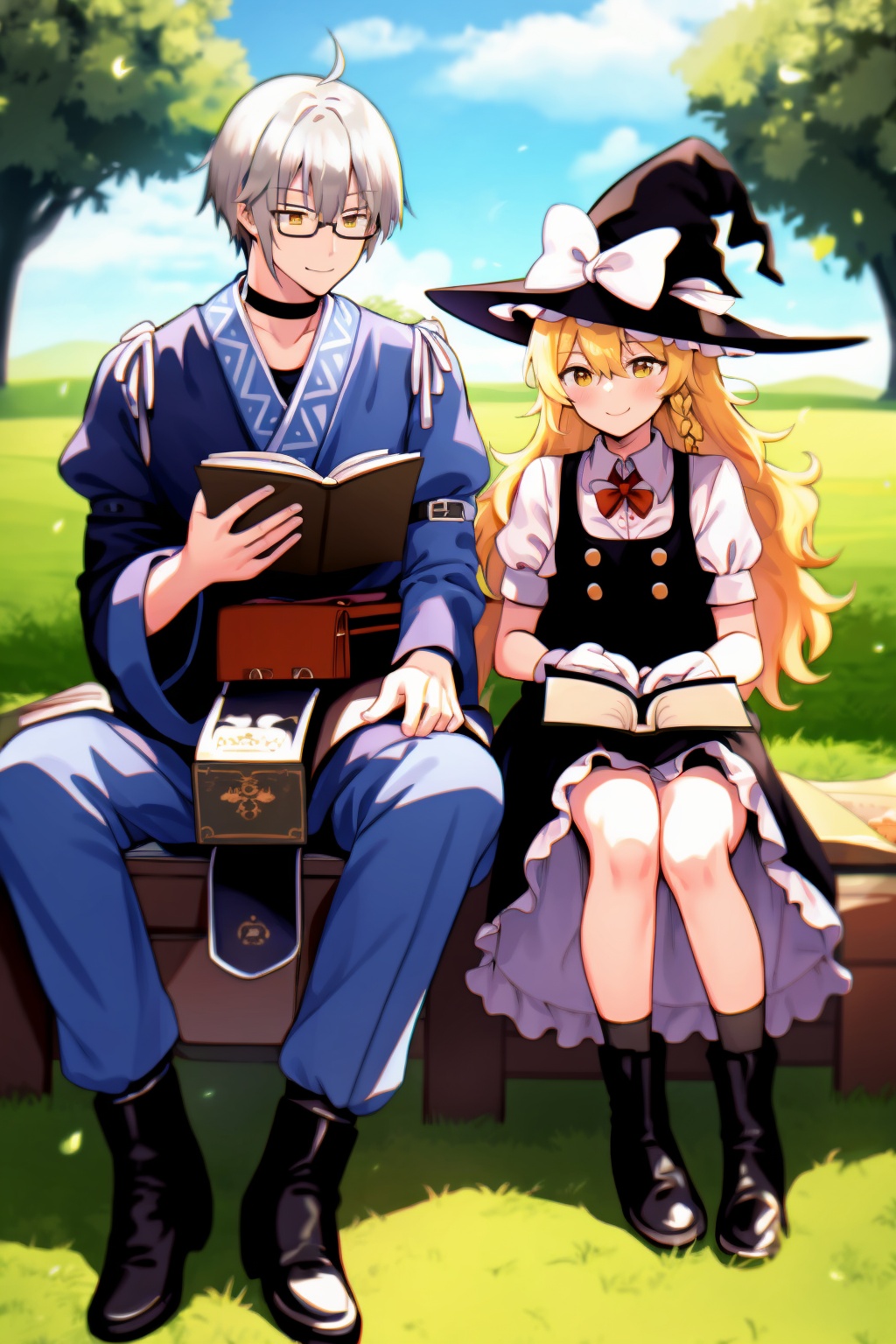 masterpiece, best quality,<lora:MorichikaRinnosuke:1>,1girl, morichika rinnosuke, kirisame marisa, 1boy, book, glasses, puffy sleeves, smile, sitting, yellow eyes, long hair, hat, boots, hat removed, blonde hair, holding, long sleeves, headwear removed, apron, short sleeves, choker, holding book, tree, braid, grass, witch hat, ahoge, bow, shirt, white shirt, bangs, single braid, black headwear, petticoat, white apron, waist apron, puffy short sleeves, white bow, hair between eyes, bridal gauntlets, pants, brown footwear, hat bow, open book, socks, outdoors, frills, hair bow, gloves, black skirt, skirt, hetero, short hair, black vest, hand up, dress, black footwear, black gloves, grey hair, black dress, vest, semi-rimless eyewear, full body, leaf, looking at another, day, collarbone, wide sleeves, frilled apron, white hair, black choker, high heels, sash