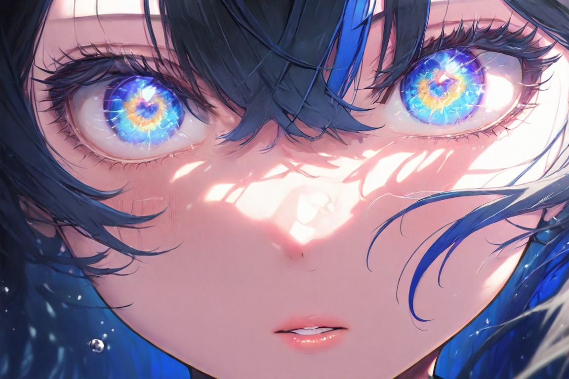 1girl,solo,blue eyes,close-up,looking at viewer,hair between eyes,eye focus,parted lips,eyelashes,blue hair,portrait,multicolored eyes,black hair,lips,beautiful detailed eyes,<lora:Insula Avallonis眼睛:1>,