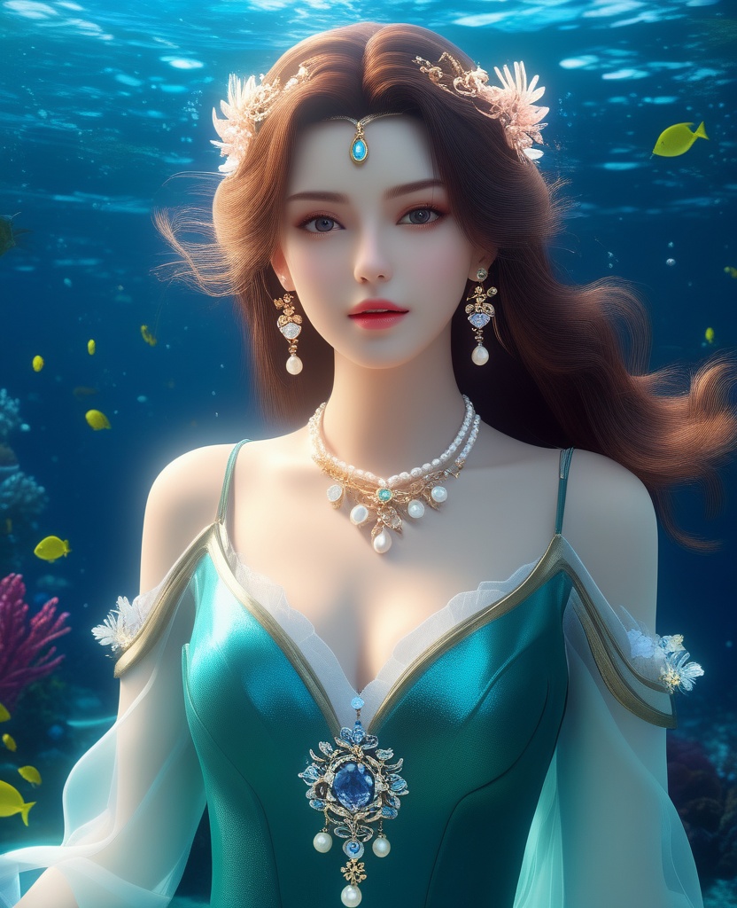 <lora:592-DA-XL-星辰变-姜立:0.8>(,1girl, ,best quality, ),looking at viewer,masterpiece, ((((, solo,  , ,solo focus, ,underwater, )))) ,ultra realistic 8k cg,   clean, masterpiece,     cinematic lighting, cinematic bloom,  (( , )),, , unreal, science fiction, luxury, jewelry, diamond, gold, pearl, gem, sapphire, ruby, emerald, intricate detail, delicate pattern, charming, alluring, seductive, erotic, enchanting, hair ornament, necklace, earrings, bracelet, armlet,,(cleavage),