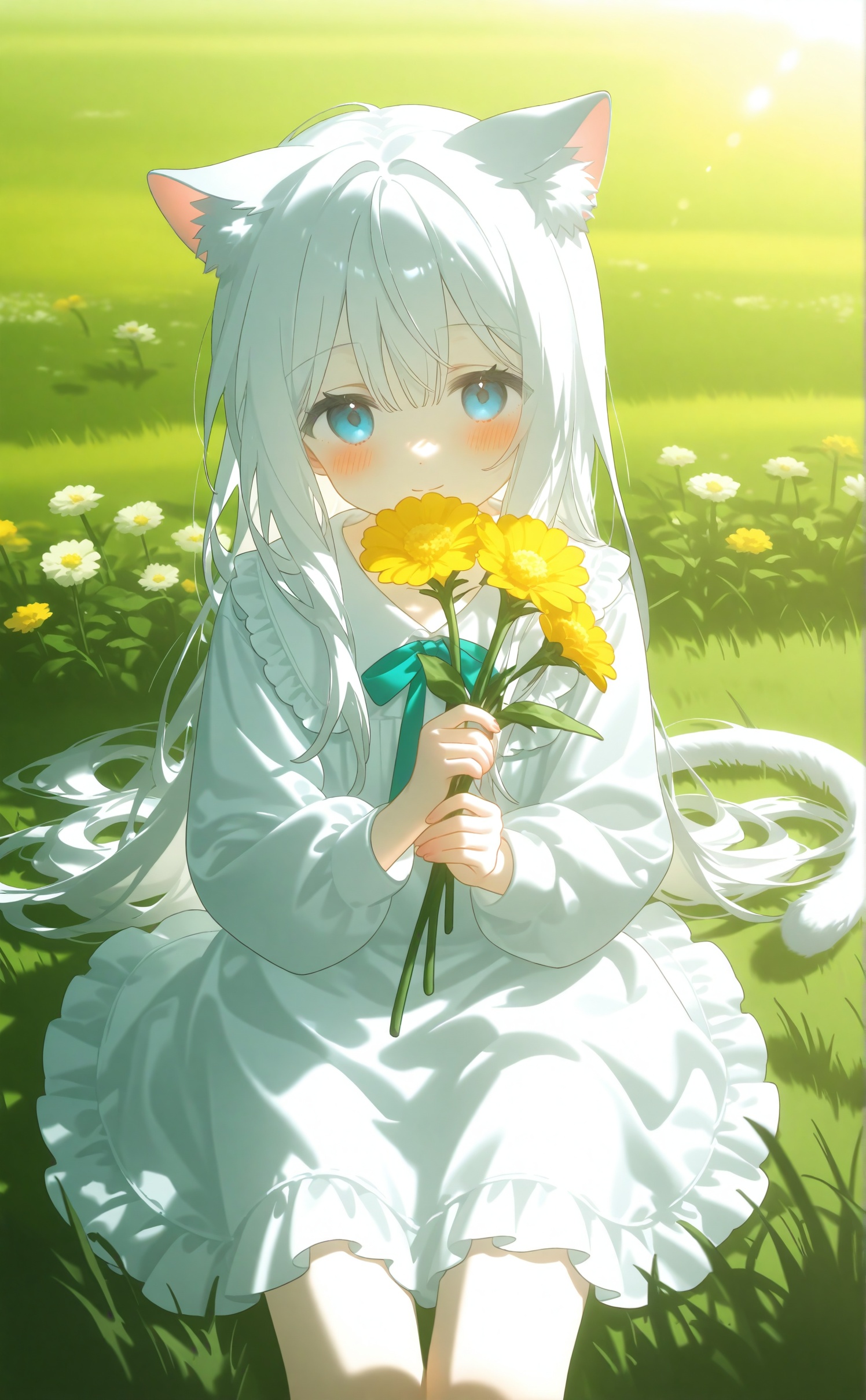 konya666,1girl solo long hair white hair cat ears cat tail blue eyes lying on grass white dress holding flower smile blush bright sunlight green field soft focus cat girl relaxed pose outdoors