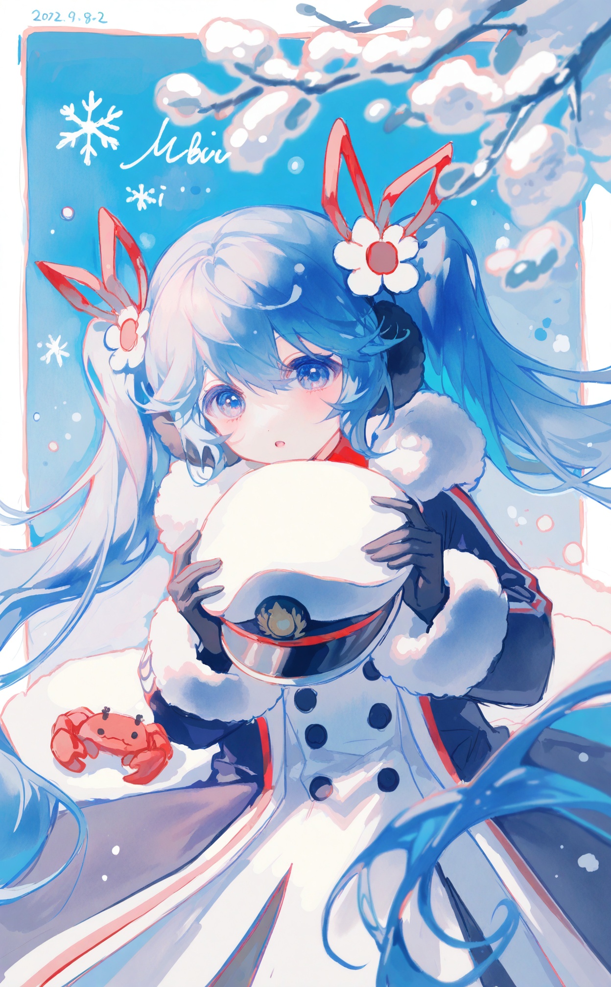 best, 1girl, yuki miku, black gloves, hatsune miku, holding clothes, coat, hat, fur-trimmed coat, twintails, gloves, holding, unworn headwear, holding hat, white headwear, crab, unworn hat, long hair, fur trim, peaked cap, black coat, blue hair, solo, hair ribbon, ribbon, blue eyes, very long hair, red ribbon, looking at viewer, military uniform, naval uniform, buttons, branch, military, double-breasted, jacket, upper body, open coat, uniform, animal, parted lips, fur-trimmed sleeves, flower, wavy hair, long sleeves, open clothes, hair ornament, dated, holding animal, white flower, shirt, blurry, blue coat, character name, rabbit, headphones, red shirt, signature, earmuffs, white coat, military hat, floating hair, hair flower, white jacket, :o, fish, white border, fur-trimmed hood, 2022, black jacket, rabbit yukine, border, sailor hat, blurry foreground, snowflakes, depth of field, snowflake print, snow, blush, red hair, tree, open mouth, fur-trimmed jacket, blue background, winter clothes, hair between eyes, light blue hair, white dress, dutch angle, artist name, necktie, cowboy shot, black necktie, hands up<lora:lp49-000022:0.8>