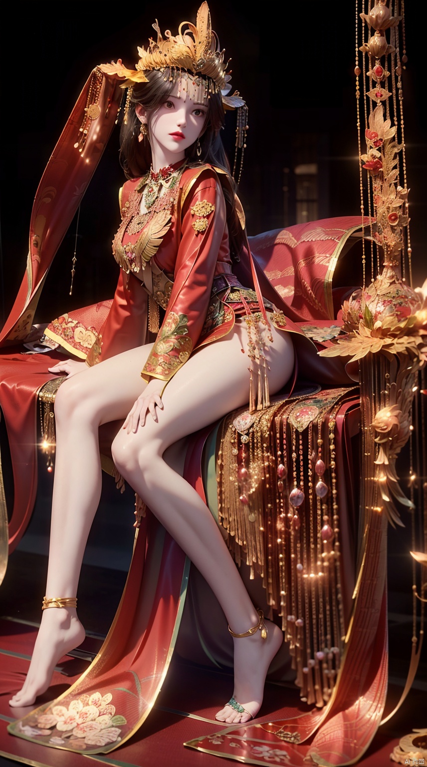 1girl,solo,perfect face,look at viewer,sitting,masterpiece,best quality,highly detailed,(Full body:1.4),LiMuWan,1girl,artist name,bangs,black eyes,black hair,chinese clothes,crown,floral print,gem,gold,jewelry,lips,lipstick,long hair,looking at viewer,makeup,red lips,solo,earrings,hair ornament,necklace,red dress,Beautiful thighs, showing thighs,Bare feet, five toes<lora:EMS-267958-EMS:0.700000>, <lora:EMS-414257-EMS:0.800000>