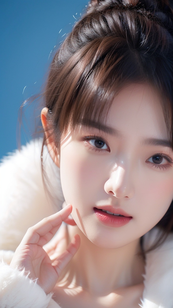 1girl,blue_background,breasts,brown_eyes,brown_hair,collarbone,fur,fur_coat,fur_collar,fur_trim,hand_on_own_face,lips,looking_at_viewer,nose,open_mouth,realistic,short_hair,solo,teeth,