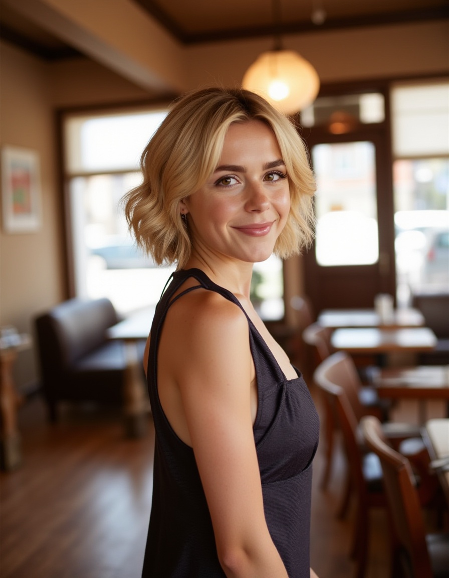 blonde,  short wavy hair,  wearing a dress on Tensor.Art