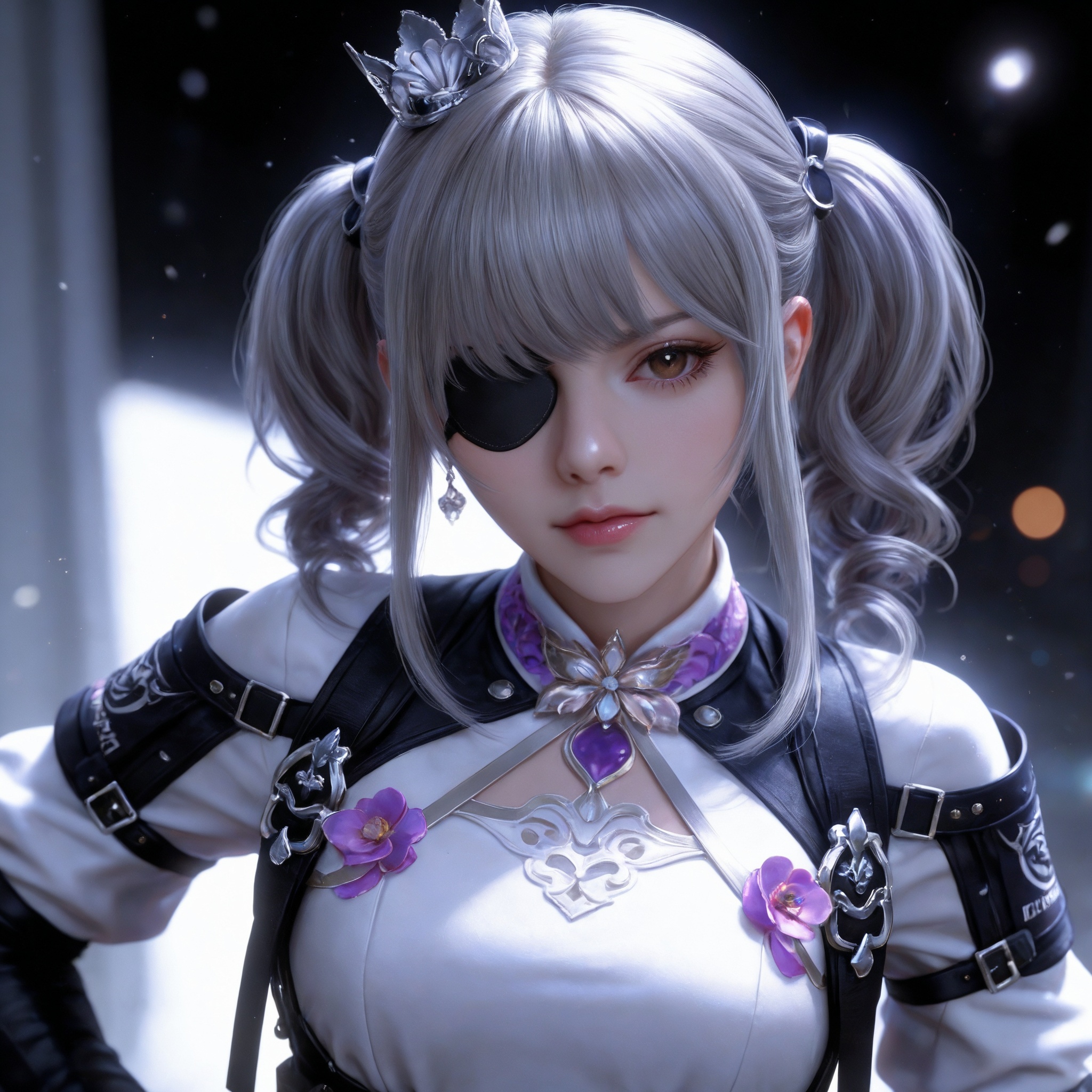 <lora:CF-关小羽v2-IL:0.6> 1girl, twintails, grey hair, drill hair,crown, brown eyes, eyepatch, black gloves,  elbow gloves,white shirt,bow,black skirt, lace trim, black pantyhose, thigh strap,, realistic style photo,outstanding style,Use soft lighting to cast gentle shadows on the subject,adding a touch of dimension to your images without compromising details,whirls of vapor,(Anime:1.1),soft neon light,ethereal ambiance,delicate details,magical atmosphere,concept art,highly detailed,ultra-high resolution,32K UHD,sharp focus,best-quality,masterpiece,golden hour,unconventional supreme masterpiece,masterful details,temperate atmosphere,with a high-end texture,in the style of fashion photography,magazine style,Dynamic Angle,Dynamic posture,magazine style,Dynamic Angle,Dynamic posture,(cowboy_shot:1.2),eye trail,depth of field,cinematic lighting,lens flare,close-up,extreme aesthetic,(wlop:0.6),(honjou raita,lack,rella,wanke:0.5),masterpiece,best quality,good quality,newest,year 2025,very aesthetic,absurdres,Visual impact,A shot with tension,ultra-high resolution,32K UHD,sharp focus,best-quality,masterpiece,Emotionalization,unconventional supreme masterpiece,masterful details,temperate atmosphere,with a high-end texture,in the style of fashion photography,(Visual impact:1.2),giving the poster a dynamic and visually striking appearance,, realistic style,white background,upper body,looking at viewer,dynamic posture,