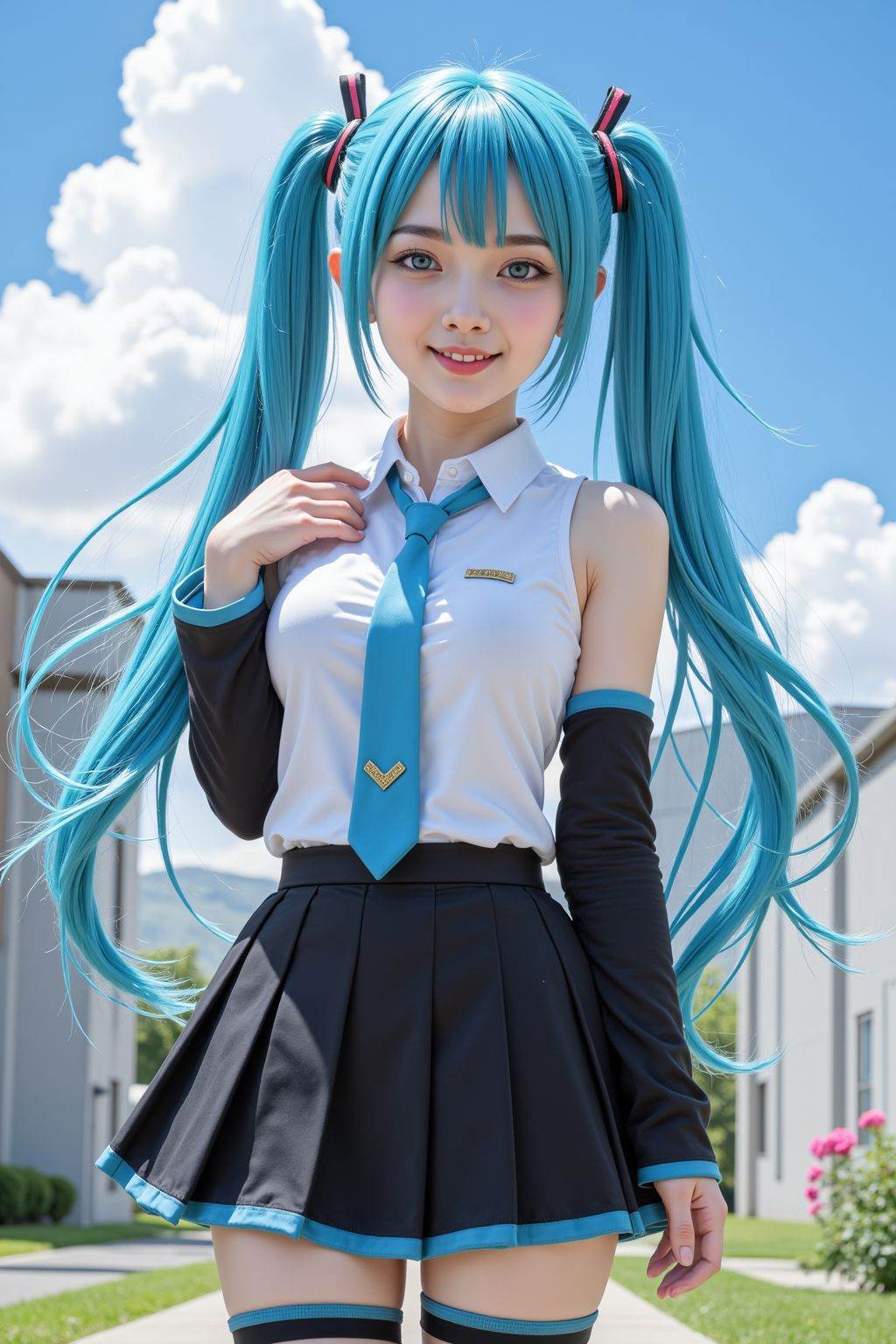 HDR photo of cinematic film still, realistic, photorealistic, 1girl, solo, long hair, breasts, looking at viewer, smile, bangs, blue eyes, skirt, shirt, thighhighs, long sleeves, bare shoulders, twintails, very long hair, blue hair, standing, white shirt, flower, cowboy shot, pleated skirt, outdoors, parted lips, detached sleeves, necktie, sky, sleeveless, day, collared shirt, black thighhighs, cloud, hand up, black skirt, blue sky, lips, zettai ryouiki, sleeveless shirt, aqua hair, skindentation, grass, building, blue necktie, black sleeves, hatsune miku,