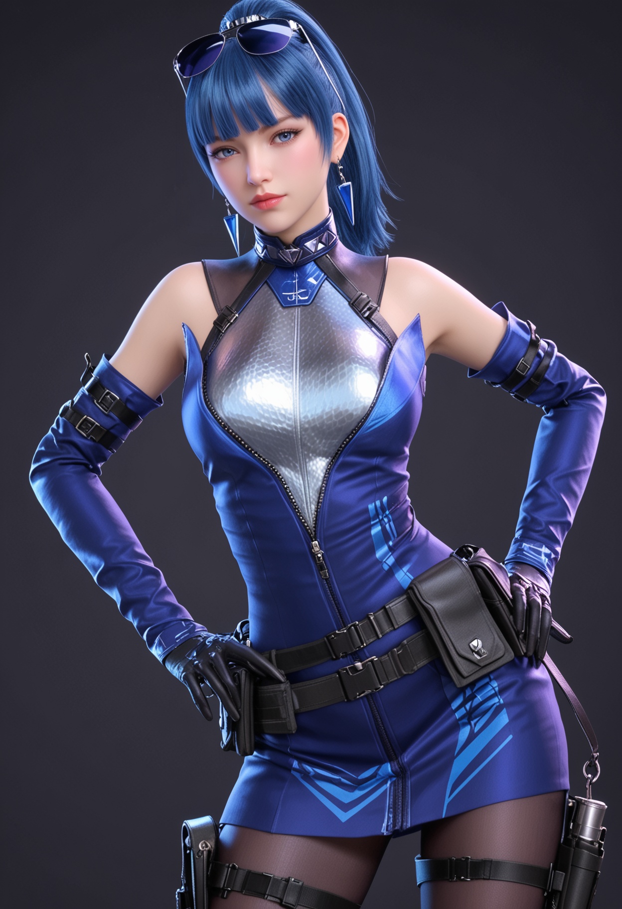 (upper_body:1.2),(looking at viewer:1.1),facing viewer,direct gaze,<lora:YQ_pony_wumengmeng_V4:0.8>,1girl,q1528437228,solo,blue hair,eyewear on head,earrings,gloves,jewelry,ponytail,detached sleeves,long hair,pantyhose,belt,dress,holster,blunt bangs,black hair,jacket,brown eyes,thigh holster,collar,sleeveless,blue eyes,skirt,blue dress,grey eyes,belt pouch,thigh strap,BREAK (simple background,pure black background,black background:1.1),perfect anatomy,