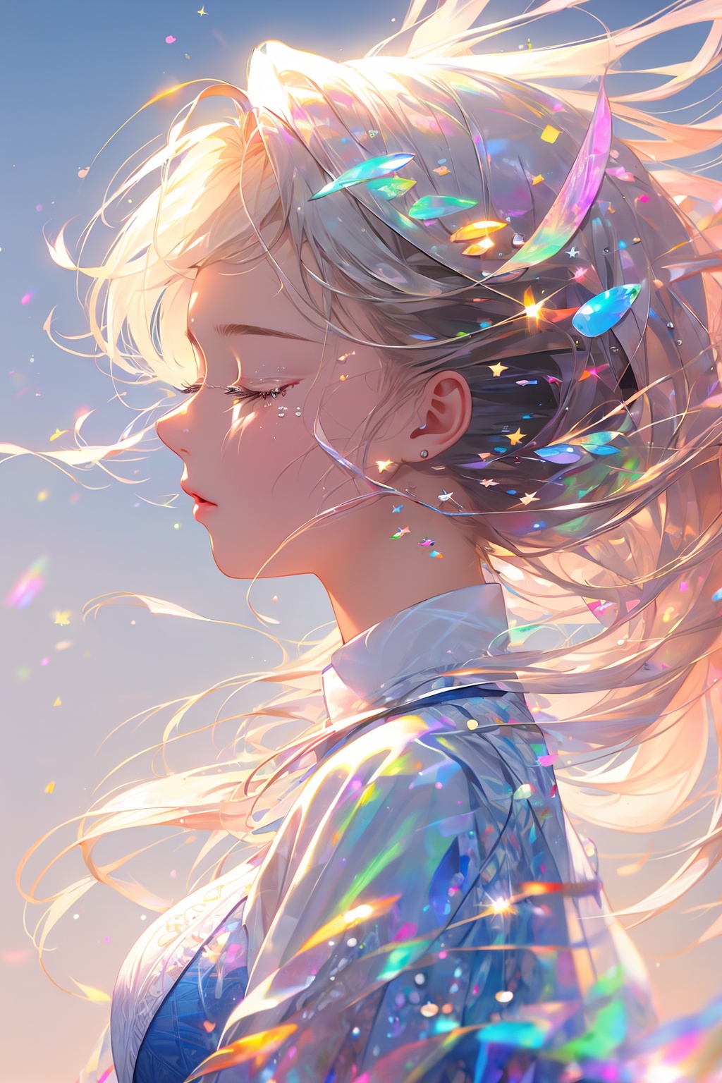 (((masterpiece))),((extremely detailed CG unity 8k wallpaper)),best quality,high resolution illustration,Amazing,(best illumination, best shadow, an extremely delicate and beautiful),mother of pearl iridescence,1girl, solo, long hair, closed eyes, blurry, floating hair, eyelashes, from side, profile, depth of field, closed mouth, upper body, lips, blurry background, tears, <lora:digital_colorful-000015:0.7>