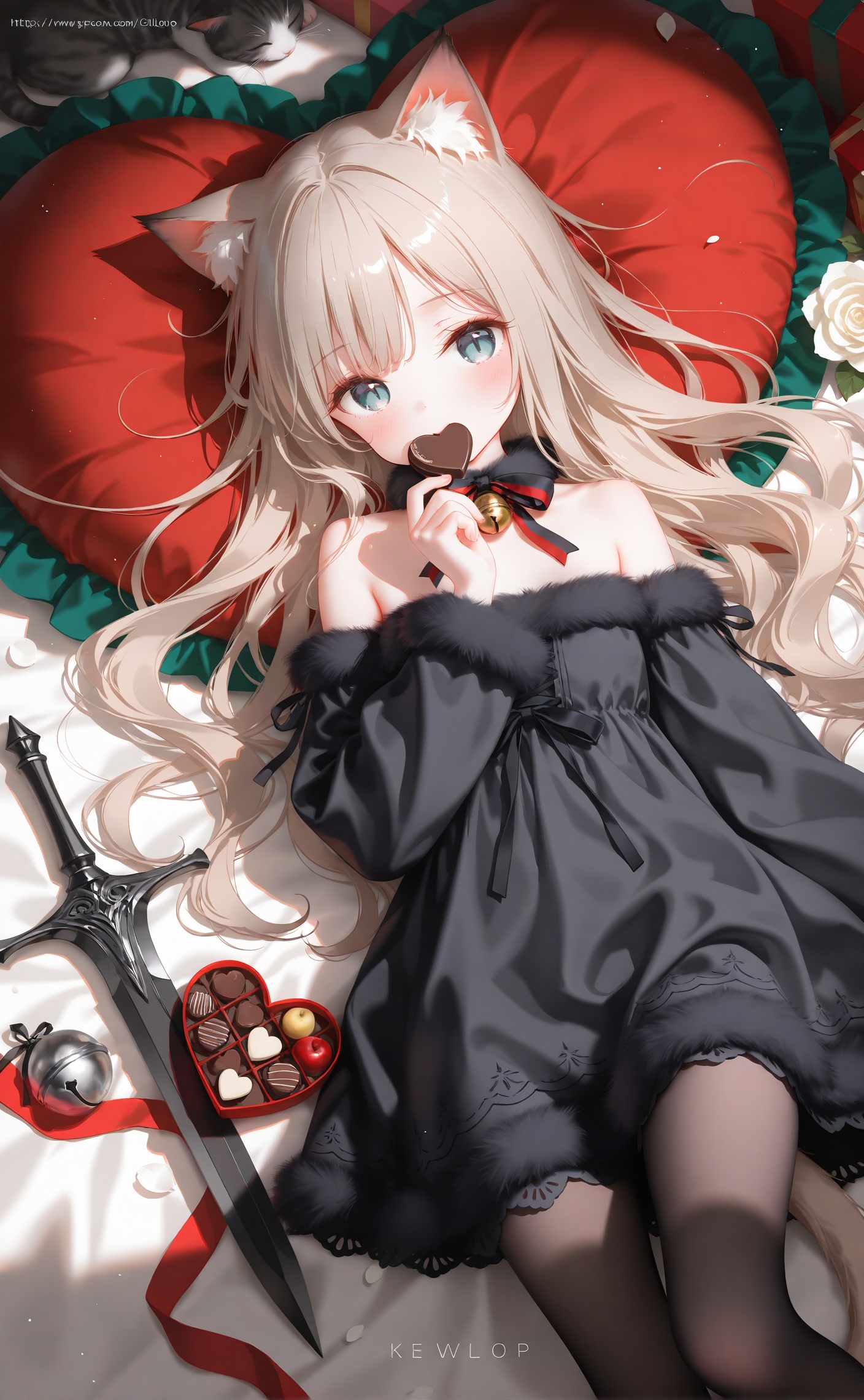 masterpiece,very aware,highres,absurdres,newest,best quality,petite,high quality,chromatic_aberration,cinematic_angle,dutch angle,child,petite,//,//,artist:ciloranko,artist:ningen_mame,artist:sho_(sho_lwlw),artist:rhasta,artist:wlop,artist:ke-ta,artist:hiten \(hitenkei\),//1girl,animal ears,solo,cat ears,pantyhose,pillow,lying,tail,dress,gift,heart,looking at viewer,heart-shaped pillow,flower,black pantyhose,bell,on back,slit pupils,rose,long hair,fur trim,cat tail,black dress,box,ribbon,gift box,fur-trimmed sleeves,valentine,heart-shaped box,long sleeves,white rose,white flower,cat girl,cat,red ribbon,food,jingle bell,neck bell,holding,grey eyes,lace trim,blue eyes,feet out of frame,holding heart,knife,very long hair,weapon,frilled pillow,lace,fruit,fur collar,wavy hair,black ribbon,bare shoulders,animal ear fluff,strapless dress,detached sleeves,blonde hair,frills,lace-trimmed dress,grey hair,white hair,chocolate,collar,dagger,light particles,blush,animal,neck ribbon,holding food,tsurime,on bed,holding gift,happy valentine,english text,bed sheet,heart-shaped chocolate,eating,strapless,covered mouth,covering own mouth,bow,box of chocolates,christmas,cushion,black bow,black sleeves,holding fruit,apple,short dress,fur-trimmed dress,fingernails,green eyes,choker,brown hair,off-shoulder dress,artist name,eyelashes,closed mouth,hand up,sword,candy,