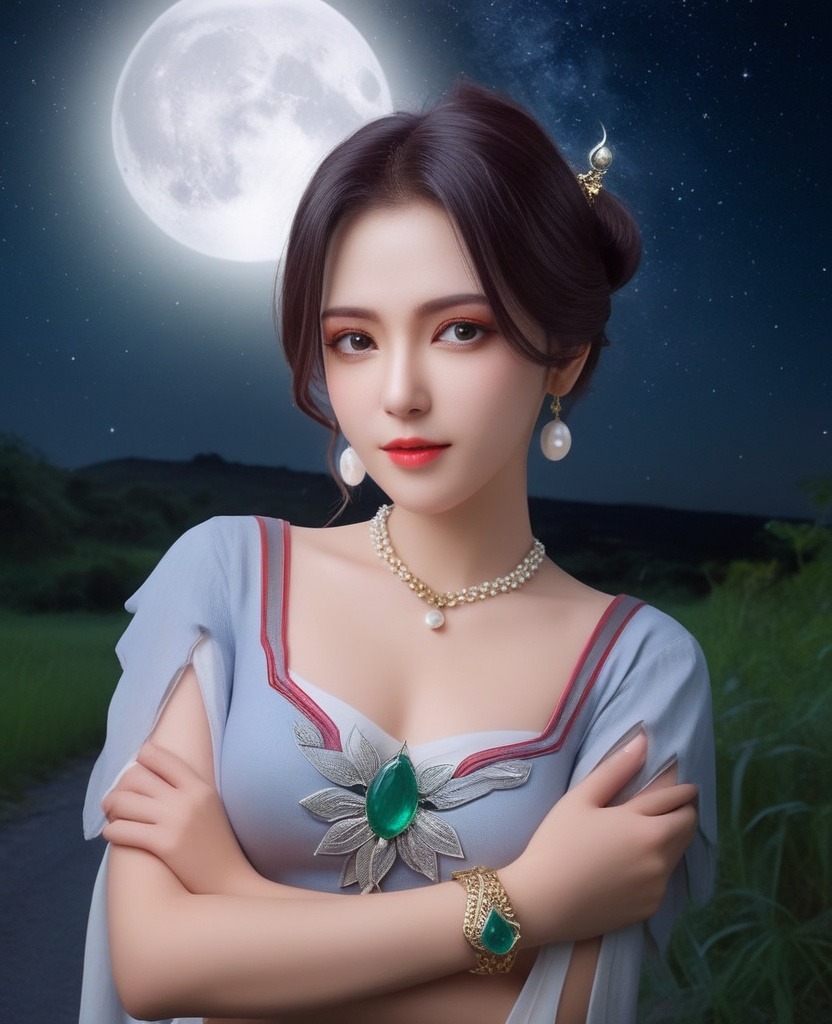 <lora:703-DA-XL-少年歌行-墨花雪:0.8>(,1girl, ,best quality, ),looking at viewer,masterpiece(,1girl,night, starry sky, milky way,outdoors, full moon,  night sky, darkness,  world of darkness, , ) ,ultra realistic 8k cg,   clean, masterpiece,     (( , )),, , , prestige, luxury, jewelry, diamond, gold, pearl, gem, sapphire, ruby, emerald, intricate detail, delicate pattern, charming, alluring, seductive, erotic, enchanting, hair ornament, necklace, earrings, bracelet, armlet,halo((, )), (),