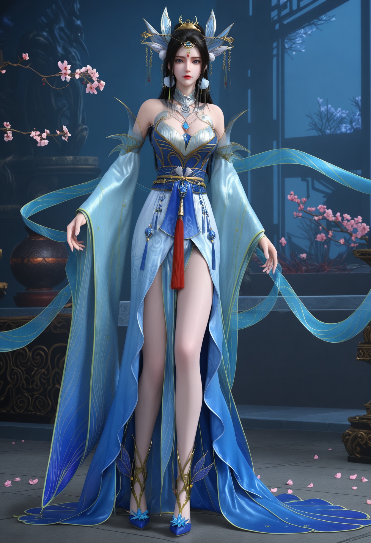 (standing full_body:1.1),(looking at viewer:1.1),masterpiece,(best quality),smog,Dark room,dim lighting,peach blossom,falling petals,<lora:YQ_Illustrious光辉v5_楚宣_V1:0.8>,q1528437228,1girl,solo,hair ornament,black hair,long hair,jewelry,dress,earrings,blue dress,chinese clothes,detached sleeves,blue eyes,sash,necklace,high heels,hair bun,tiara,blue footwear,brown hair,forehead mark,wide sleeves,long sleeves,pantyhose,ponytail,detached collar,collar,thighs,gold footwear,