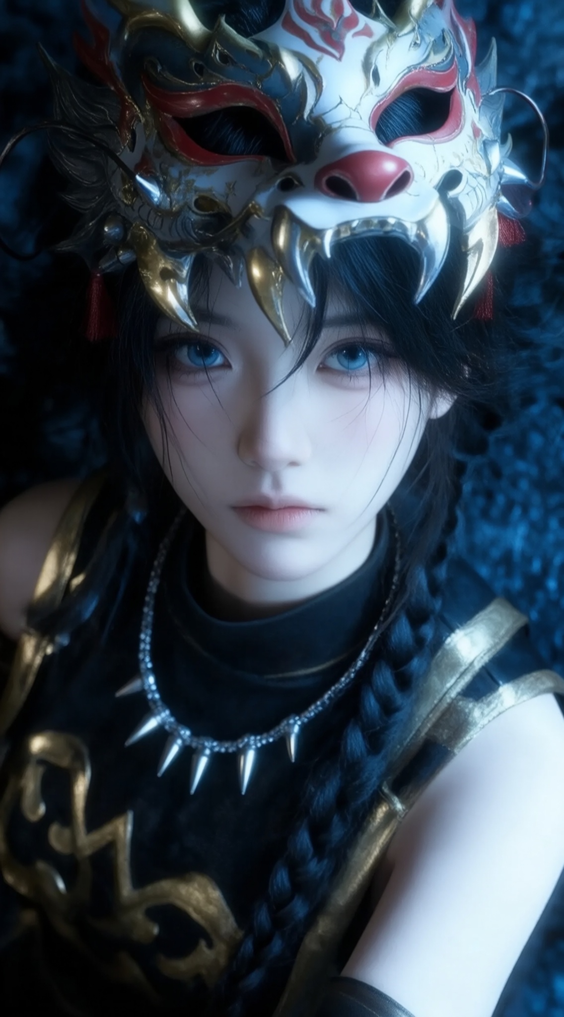 a close-up portrait of a young woman with pale skin and black hair styled in a braid, wearing a decorative mask with a dragon-like design and red accents, she has a serious expression and is positioned in the middle of the image, looking directly at the viewer with her blue eyes, the woman is wearing a black sleeveless top with gold accents and a silver necklace with spikes, her hair is styled in two braids and falls over her shoulder, the background is a dark, textured surface with a hint of blue, giving the image a dramatic and mysterious atmosphere, the lighting is soft and diffused, highlighting her features and creating a sense of depth and dimensionality, the image is high quality and has a watermark in the bottom right corner,, Negative prompt: ng_deepnegative_v1_75t,(badhandv4:1.2),EasyNegative,(worst quality:2),,nsfw, Steps: 30, Sampler: Euler, CFG scale: 4.0, Seed: 3593692967, Size: 1142x2048, Model hash: 98763a1277, Model: Qwen-Image_1.0.safetensors, Denoising strength: 0, RNG: CPU, Lora 1: ZOZ_湿润特效, Lora Hash 1: 36836624eb, Lora Weight 1: 0.8, vae_name: automatic