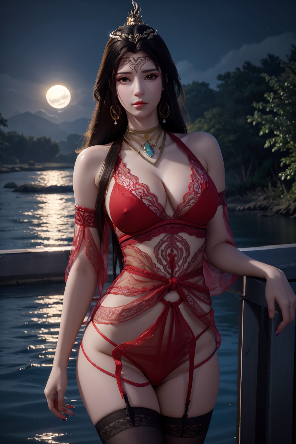 standing,flower,full_moon,moon,night,lily_pad,lotus,moonlight,water,night_sky,lily_\(flower\),sky,partially_submerged,1girl,solo,hair ornament,long hair,realistic,nail polish,photo_\(medium\),(big breasts, cleavage),makeup,(8k, RAW photo, best quality, masterpiece:1.2),(realistic, photorealistic:1.3),ultra-detailed,extremely detailed cg 8k wallpaper,(crystalstexture skin:1.2),extremely delicate and beautiful,(sexy pose:1.2),wearing edgHL,see-through,thighhighs,sexy lingerie,(big breasts:1.2),
