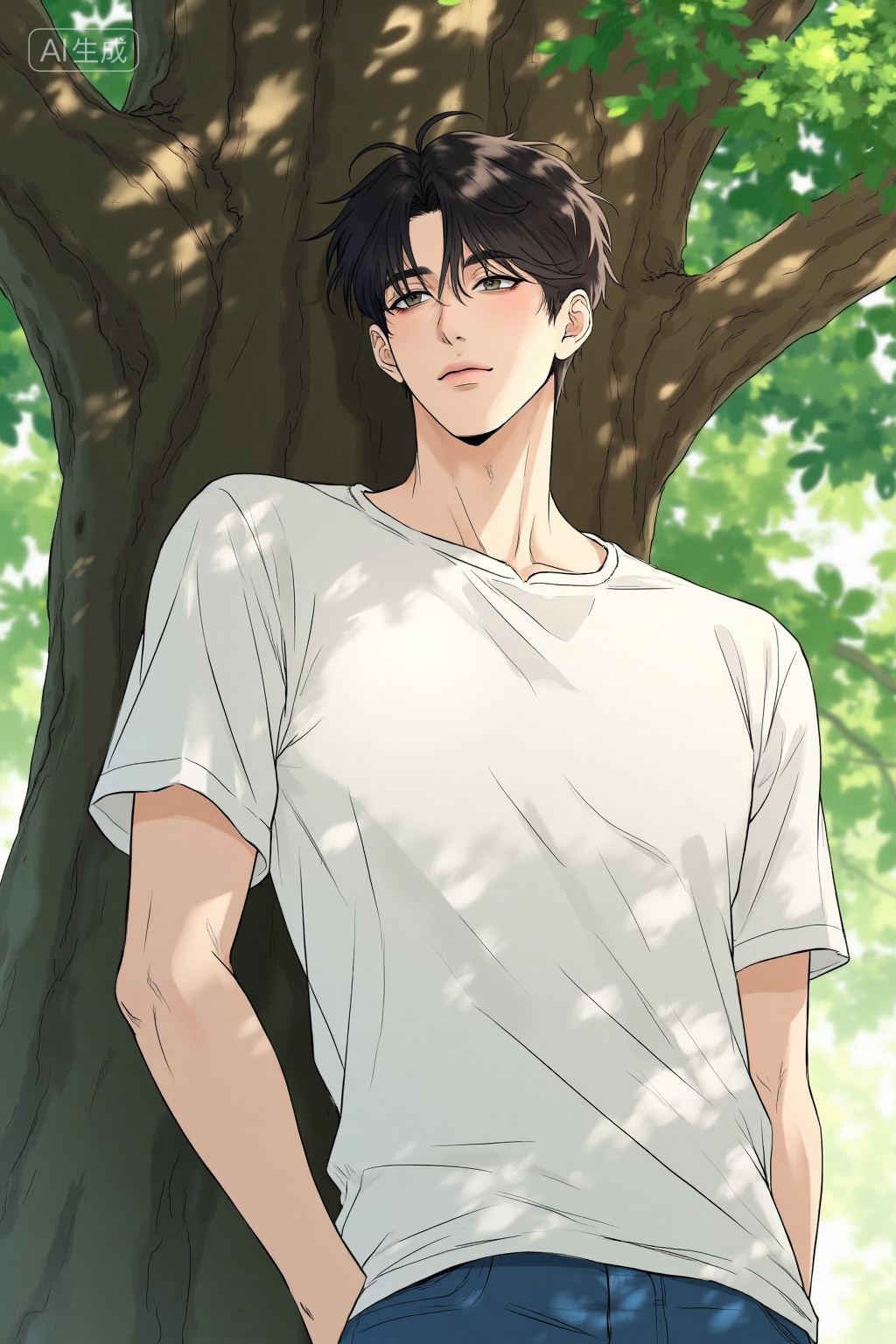 masterpiece,best quality,high detail,Realistic anime style,, a drawing of a handsome young man,, in a simple white tee rests in the shade of a large oak tree,dappled sunlight filtering through the leaves onto his peaceful face,, Negative prompt: ng_deepnegative_v1_75t,(badhandv4:1.2),EasyNegative,(worst quality:2),,nsfw, Steps: 30, Sampler: Euler, CFG scale: 3.5, Seed: 887117440, Size: 1024x1536, Model hash: 8cba4f1ef4, Model: F.1基础算法模型-哩布在线可运行_F.1-dev-fp8.safetensors, Denoising strength: 0, RNG: CPU, Lora 1: 20251118, Lora Hash 1: 9783be0a3a, Lora Weight 1: 1.0, vae_name: automatic
