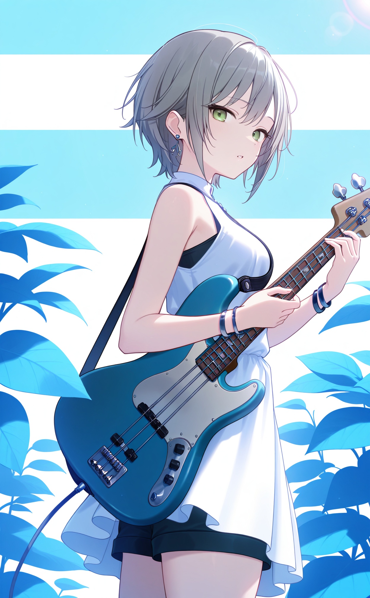 masterpiece,very aware,(highres),absurdres,newest,best quality,high quality,chromatic_aberration,White Theme,lightblue Theme,//,1girl,instrument,solo,holding instrument,guitar,holding,jewelry,electric guitar,dress,white dress,looking at viewer,green eyes,grey hair,earrings,sleeveless dress,bracelet,white background,short hair,sleeveless,parted lips,from side,shorts,holding plectrum,simple background,bass guitar,flower,plant,two-tone background,breasts,cowboy shot,//,absurdres,newest,very aesthetic,amazing quality,highres,sensitive,ultra detailed,best anatomy,HDR,8K,high detail RAW color art,high contrast,illustration,depth of field,(colorful),phenomenal aesthetic,detailed light,blurred picture,Tyndall effect,contrast,lens flare,cinematic lighting,//,<lora:timmoo——【noob】hans:1>,