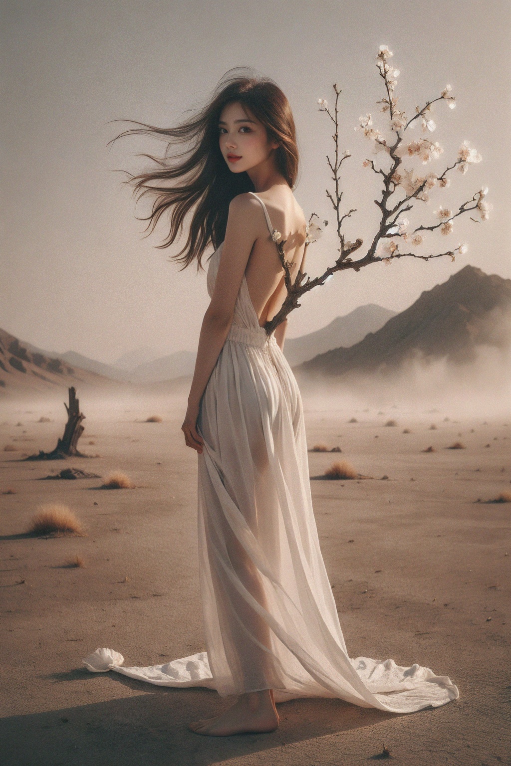 1girl,<lora:枯枝1:1>,This picture depicts a surrealistic image of a woman blending with natural elements. A woman stands in a desolate scene,her back and hair gradually turning into branches and twigs of a tree. A few flowers bloomed on the branch,as if she were a tree growing flowers. She was wearing a flowing white long skirt,with the hem spread out on the ground,interweaving with the lines of the tree roots. This woman's posture is sideways facing backwards,facing the mist in the distance,as if she is gazing or contemplating. The color contrast,light and shadow processing,and theme conception in this picture are all very captivating,creating a feeling of combining fantasy and reality. Overall,images convey an artistic concept that combines natural and human forms,full of symbolic meaning and inner emotional expression.,smile,