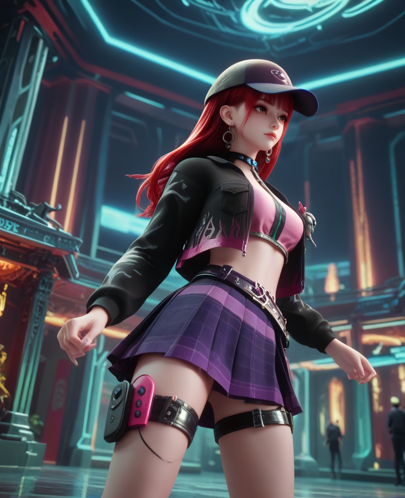 (oriental architecture, elegant decor, sophisticated style:1.1),(Standing, legs apart, arms extended,:1.1),(breasts:1.2),<lora:XL16克金玩家诸葛云落:0.95>,adolescent girl,camouflage cropped jacket,pink corset,brown eyes,red hair,long hair,atropurpureus baseball cap,hoop earrings,atropurpureus plaid miniskirt,choker,belt,thigh strap,white loose socks,stuffed bear brooch,vibrator in thigh strap,, score_9,score_8_up,score_7_up,score_6_up,score_5_up,score_4_up,3d rendering,tag1,tag2, Cinematic Lighting,backlighting,, zPDXL3, zPDXL2,zPDXL, zPDXLxxx, zPDXLrl,