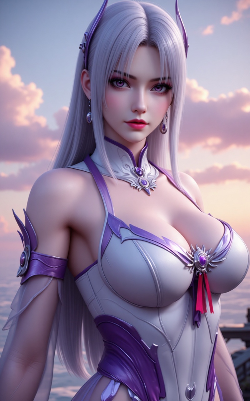 xiaoyixian,lvjing,white hair,long hair,purple eyes,jewelry,hair_ornament,1girl,solo,plugsuit,bodysuit,sky,cloud,white bodysuit,sunset,breasts,bangs,interface headset,outdoors,looking at viewer,hair between eyes,red ribbon,cover,simple background,gradient_background,Close-up details,outstanding style,adding a touch of dimension to your images without compromising details,close-up,