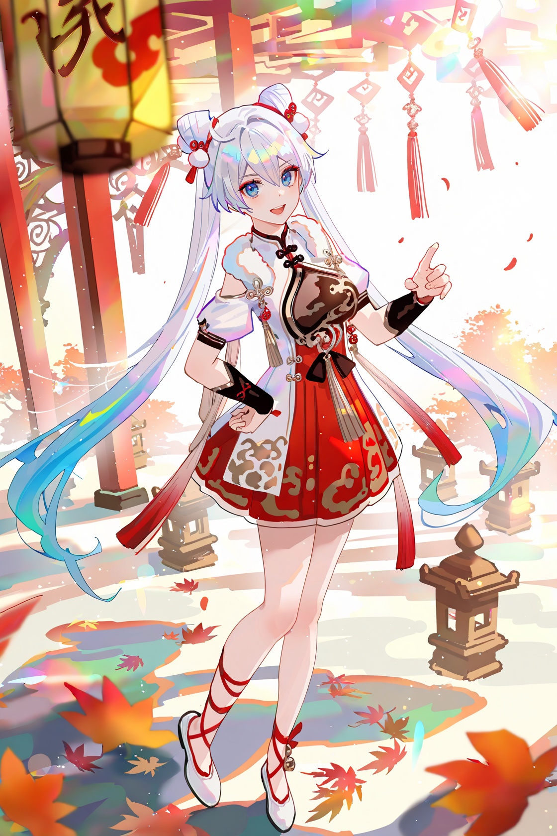 8k, best quality, masterpiece, (ultra-detailed), (high detailed skin), ((artist:reoen),(artist:fuzichoco),(artist:atdan),(artist:torino_aqua),year 2024:0.8)1girl, [artist:wlop], [artist:ningen_mame], artist:ciloranko, [[artist:rhasta]], artist:tidsean, colorful, detailed light, light leaks, sunlight, bokeh, blurry foreground, ray tracing, lens flare, cinematic lighting, full body, full shot, standing, looking at viewer, (solo:1.2), simple background, (white background:1.2), hand on own hip, (white background:1.3), <lora:kiana-young-noob-Tanger:0.8>, kiana kaslana, xuetu, xuetu clothes, 10th clothes, 1girl, blue eyes, white hair, bangs, long hair, double bun, chinese clothes, new year clothes
