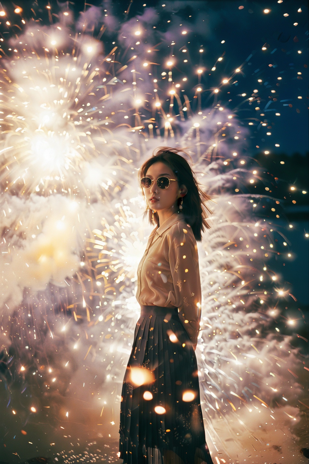 an asian girl,film grain texture,analog photography aesthetic,fire,fireworks,night,<lora:disillusion · fireworks_SDXL:1>,sunglasses,dynamic angle,(Silk_blouse:1.5),(Pleated_midi_skirt:1.4),(Pearl_earrings:1.3),