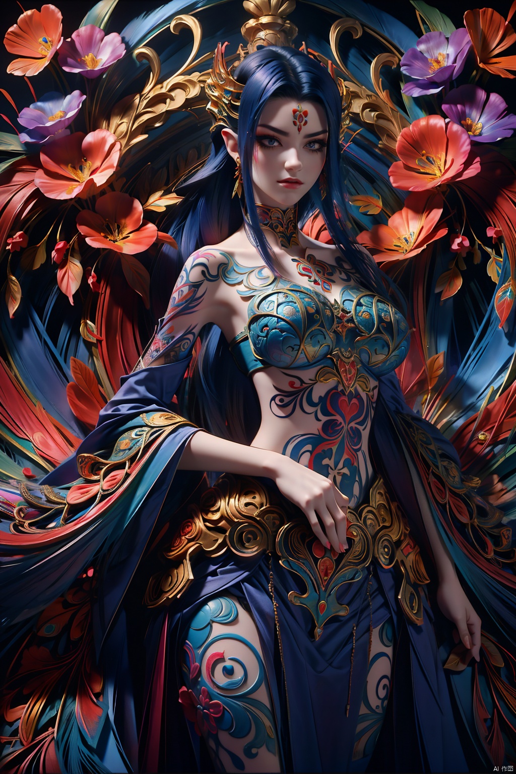 offcial art,  colorful,  Colorful background,  splash of color,  A beautiful woman with delicate facial features,  The chest is large,  tattoo all over body,  Flower arms,  Colorful and colorful silks cover the body,  The looming body,  Sideways photo, SAIYA, ((Ylvi-Tattoos, tattoos)),  1 girl,<lora:EMS-53530-EMS:0.800000>,<lora:EMS-46812-EMS:0.800000>