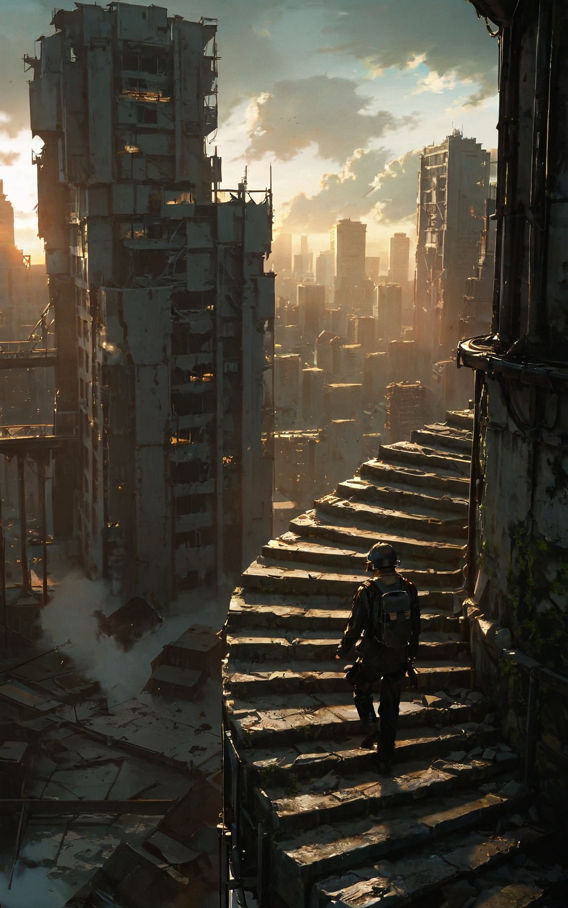 best quality, masterpiece, (ultra-detailed:1.1), good background, oil painting, [<lora:EndlessSteps-v2-Kohaku-Tanger:0.75>::0.75], Endless Steps, Climbing stairs, CG, building, ruins, scenery, solo, city, cityscape, rubble, outdoors, stairs, sky, cloud, post-apocalypse, skyscraper, cloudy sky, standing, bag, from behind, backpack, sunlight,a black and white photo of a man walking in a city,a man in a helmet is walking in a ruined city