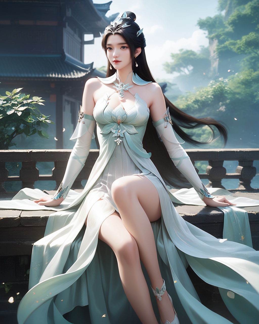 1girl,solo,long hair,black hair,black eyes,earrings,hair_ornament,headpiece,breast,medium breast,bare shoulders,dress,white_dress,bare_legs,<lora:wy_yanruyu_XL5.0:0.8>,, score_9,score_8_up,score_7_up,score_6_up,score_5_up,score_4_up,