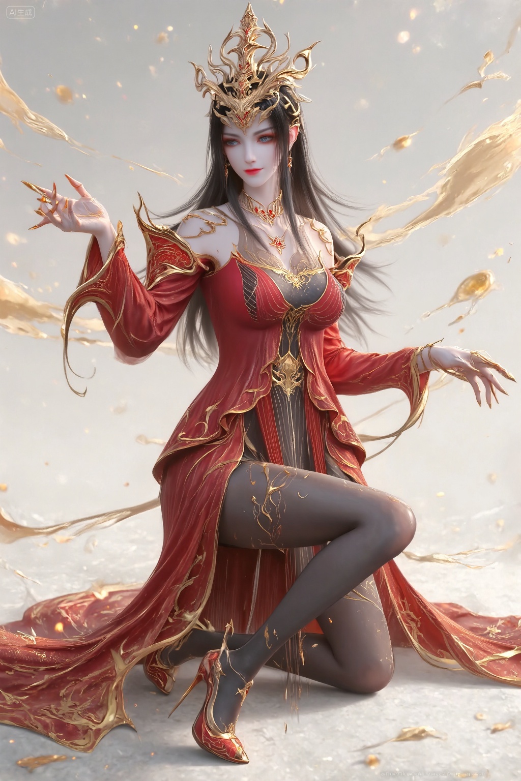 A digital artwork of a stunning,slender woman with pale skin and long black hair,wearing an ornate red and gold dress with a high slit,black stockings,and gold heels. She has an ethereal,regal appearance with a crown-like headpiece.,, The character is kneeling on one knee,with one hand resting on the knee and the other placed on the ground. The overall aesthetic is elegant and otherworldly,suggesting a character of significant importance or a role in a fantastical narrative.,, Negative prompt: ng_deepnegative_v1_75t,(badhandv4:1.2),EasyNegative,(worst quality:2),,nsfw, Steps: 30, Sampler: DPM++ 2M, CFG scale: 3.5, Seed: 3109925555, Size: 1024x1536, Model hash: 062dad72b2, Model: 麦橘超然majicFlus_v1.safetensors, Denoising strength: 0, RNG: CPU, Lora 1: 20250821-1755788133194-0010, Lora Hash 1: f8bdbaa688, Lora Weight 1: 1.05, Lora 2: 《金芒逸凤》唯美古风主题风格化lora|摄影|海报设计, Lora Hash 2: 779d600c15, Lora Weight 2: 0.75, vae_name: automatic
