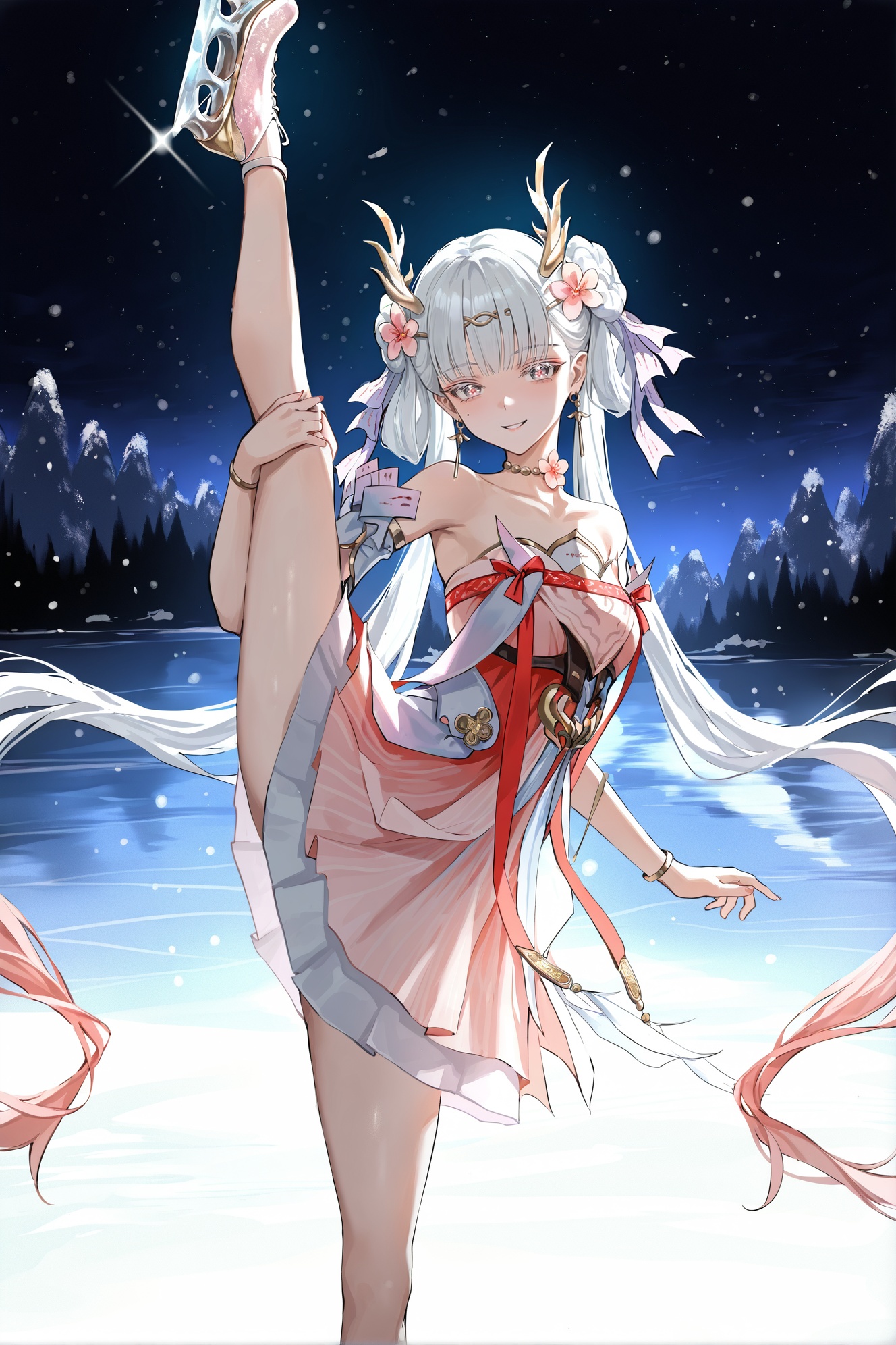 by [lack|fuzichoco|lam|kinta \(distortion\)|wlop|quasarcake|nixeu|happoubi jin|miyajima reiji],ice skating,ice skates,1girl,solo,looking at viewer,smile,breasts,standing on one leg,collarbone,blush,leg up,sequins,glint,sparkle,snow,backlighting,night,moonlight,outdoors,leg hold,standing split,from side,frozen lake,impasto,vignetting,chiaroscuro,very awa,masterpiece,best quality,very aesthetic,absurdres,<lora:jxnew-noob-Tanger-000014:0.8>,jinhsi,jinhsi \(peach blossom\) \(wuthering waves\),(clothes:peach blossom pink dress,alternate costume,bare shoulders:1.2),flower-shaped pupils,1girl,hair ornament,hair flower,twintails,bangs,jewelry,very long hair,